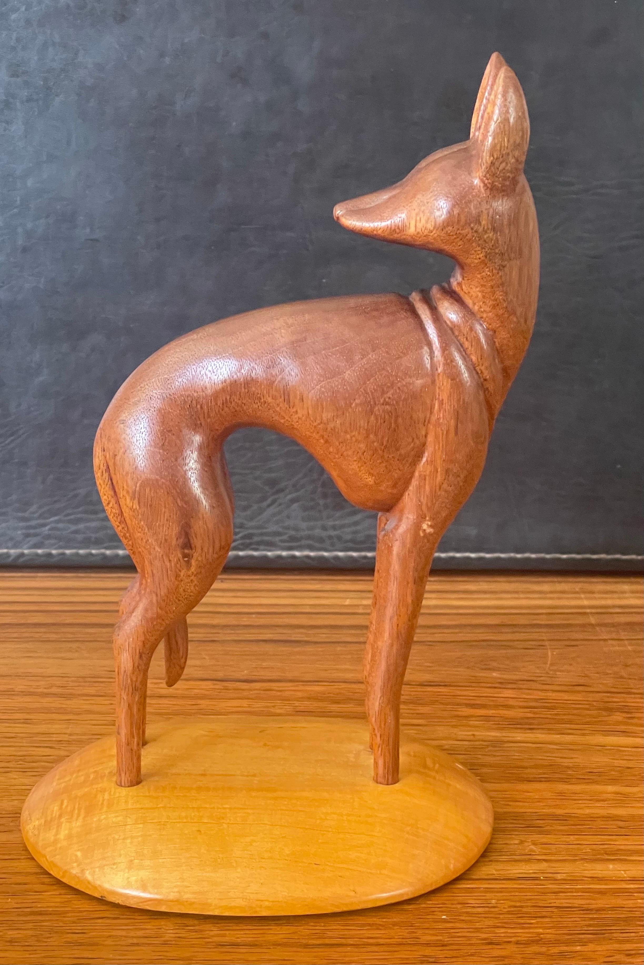 Hand Carved Teak Greyhound Sculpture on Maple Base by Peter Larsen For Sale 1