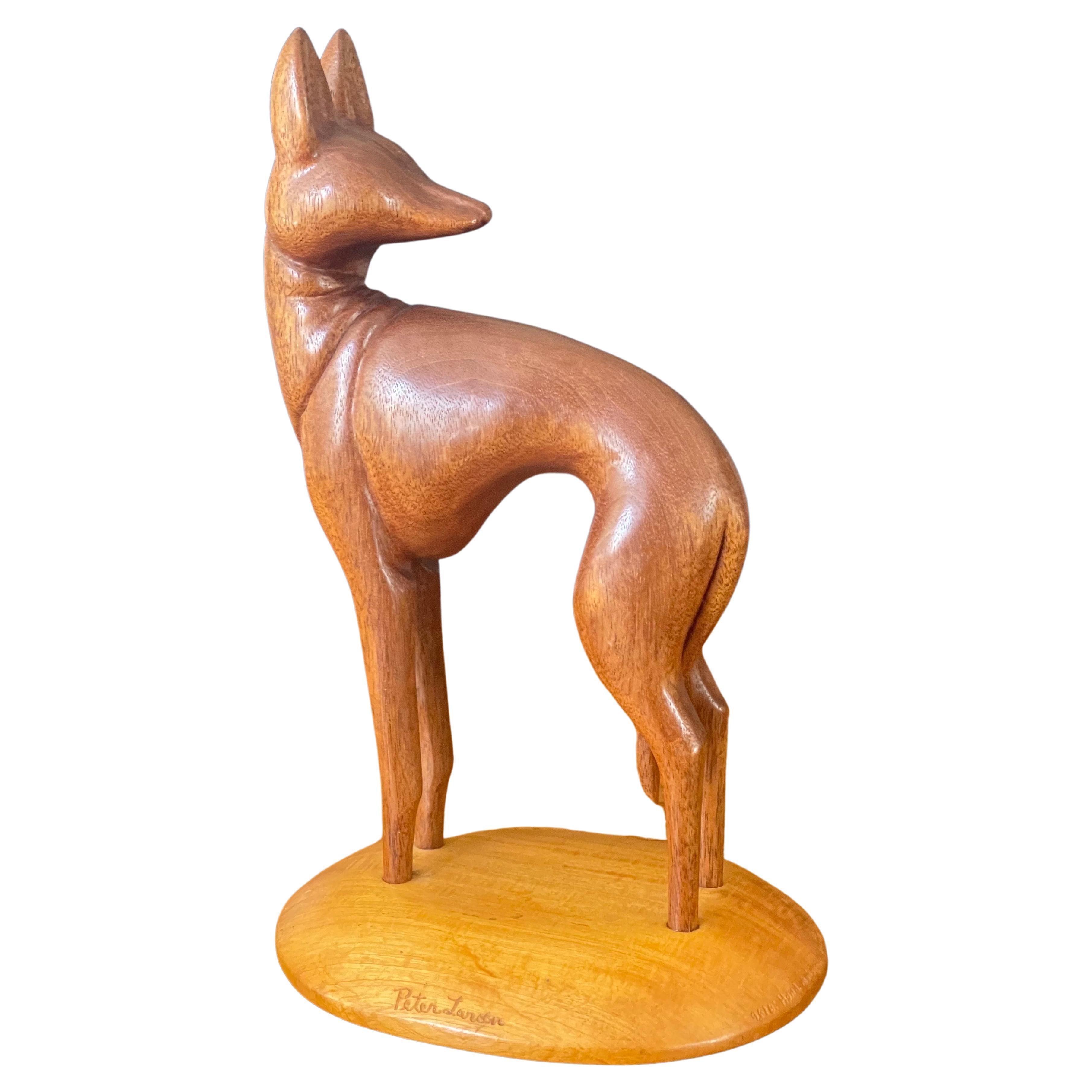 Hand Carved Teak Greyhound Sculpture on Maple Base by Peter Larsen For Sale