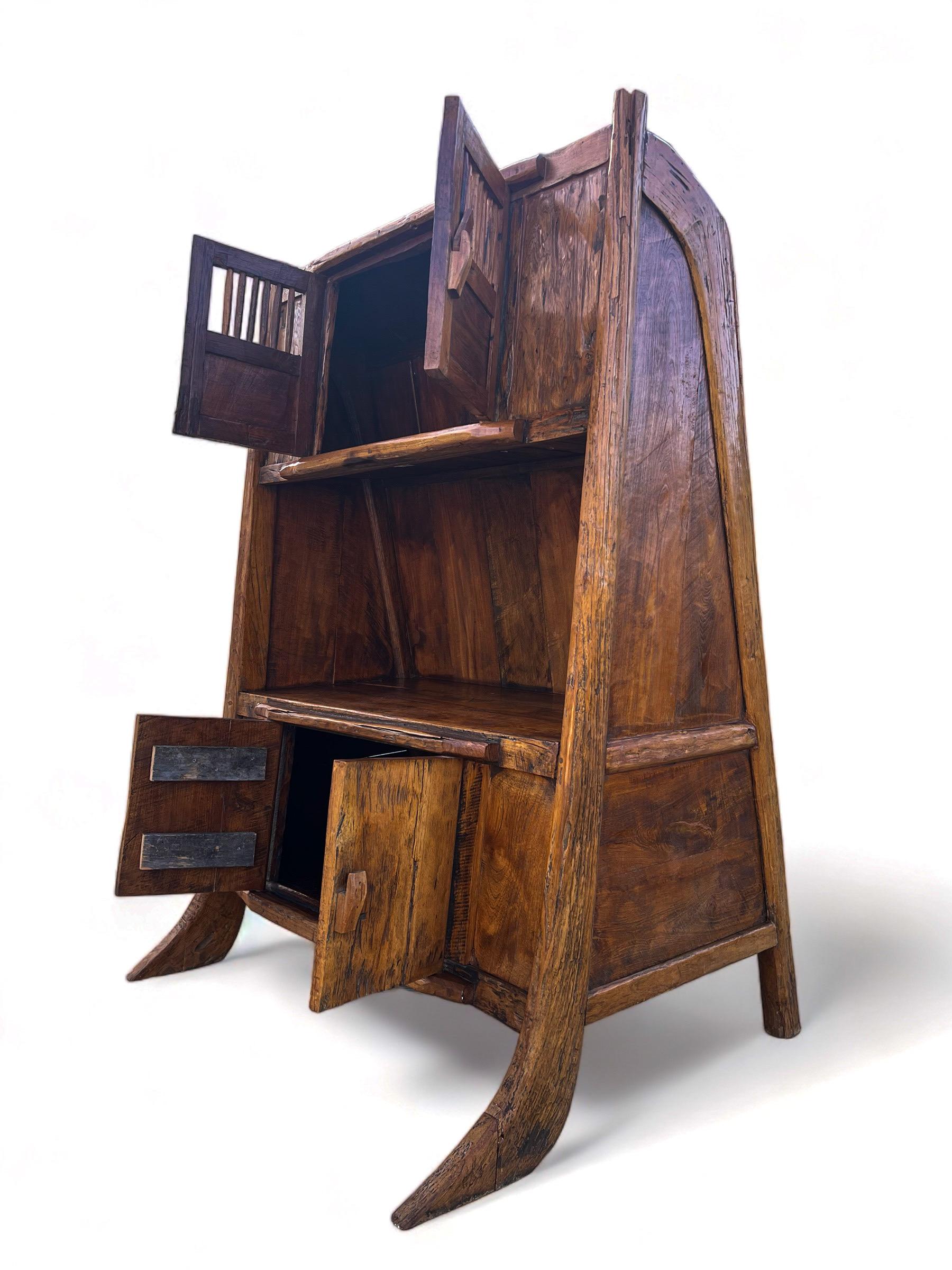 Organic Modern Hand-Carved Teak Primitive Hutch For Sale