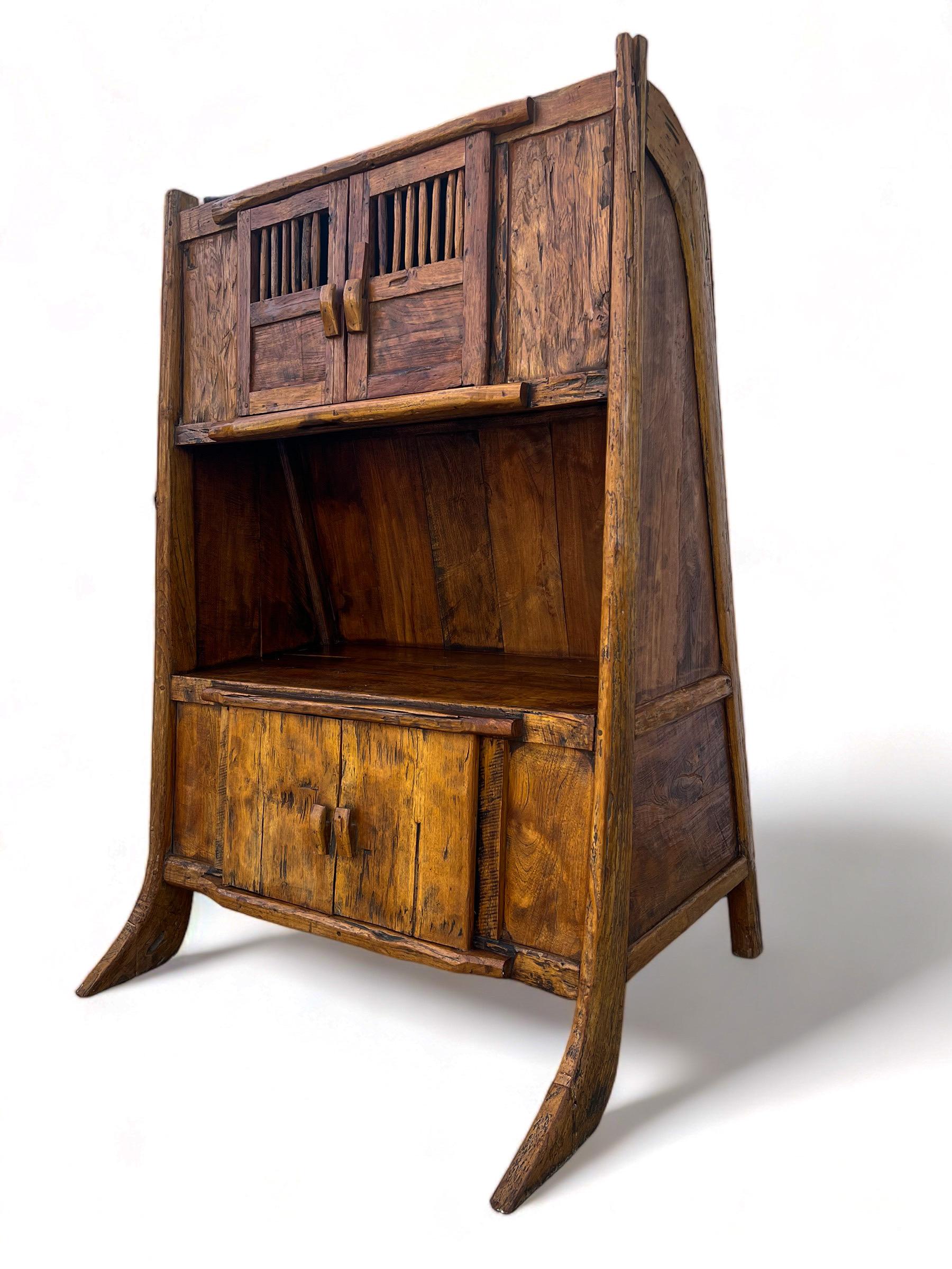 Hand-Carved Teak Primitive Hutch In Good Condition For Sale In La Mesa, CA