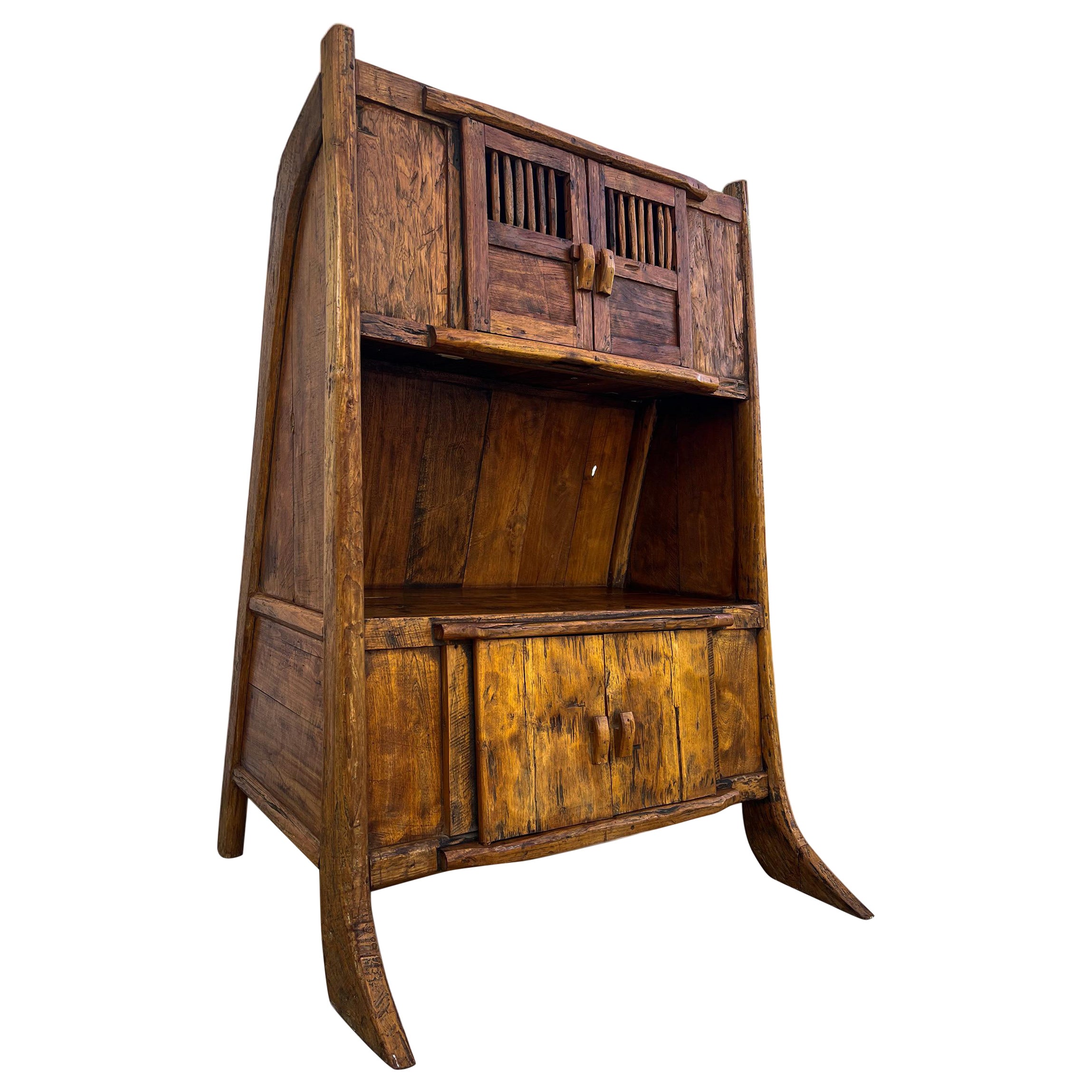 Hand-Carved Teak Primitive Hutch