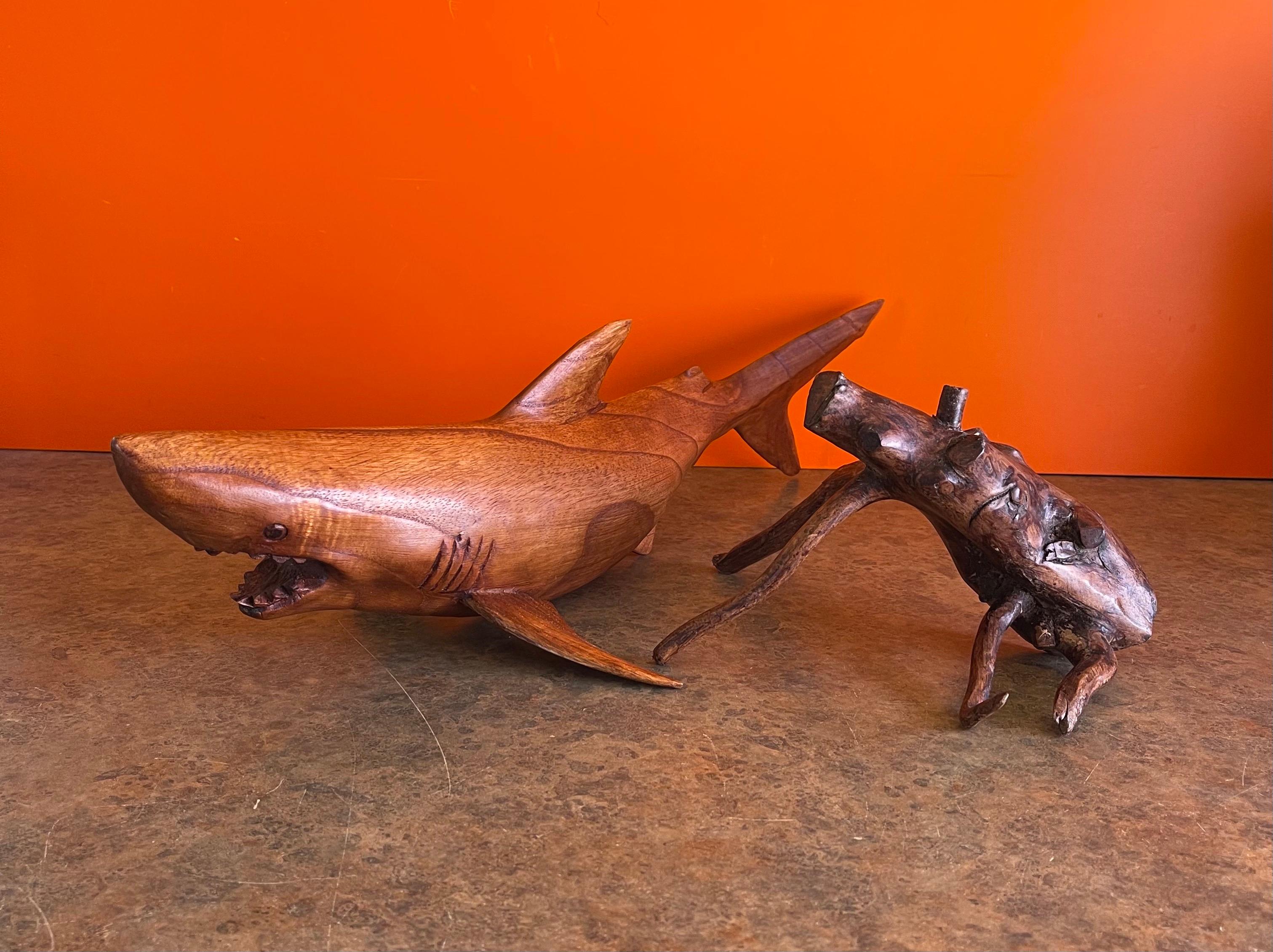 Hand Carved Teak Shark Sculpture on Stand 5