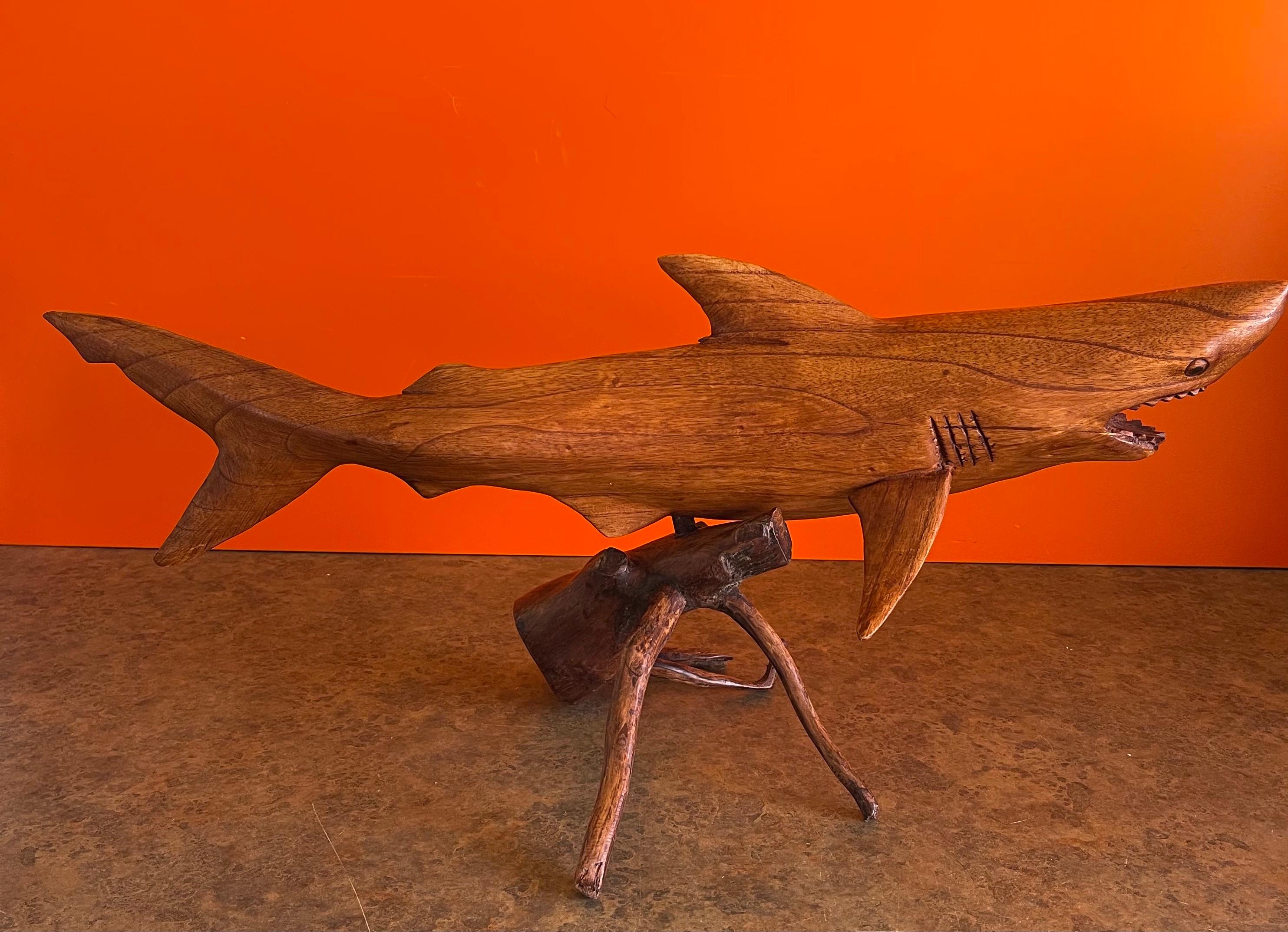 Hand Carved Teak Shark Sculpture on Stand 7