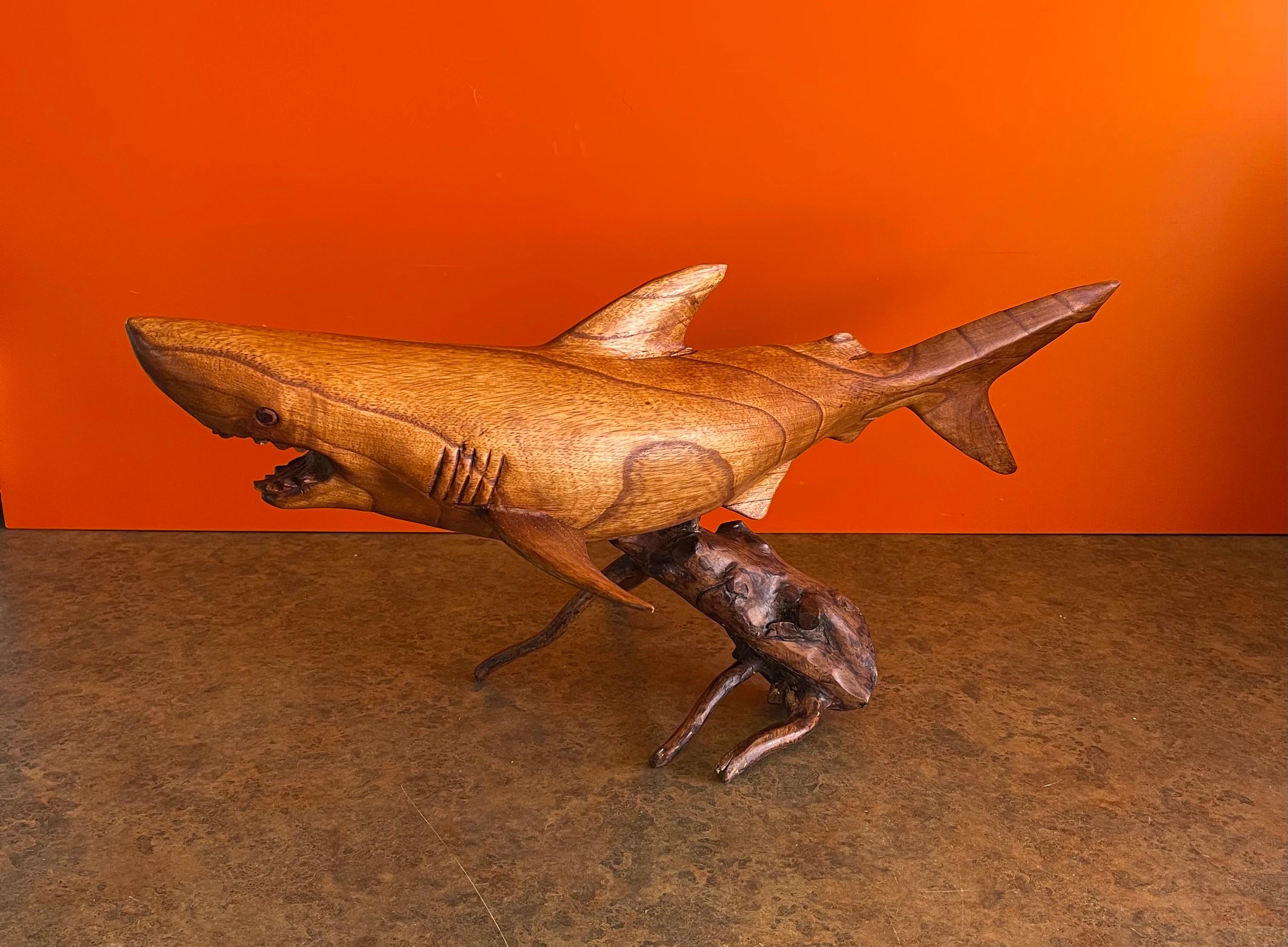 American Hand Carved Teak Shark Sculpture on Stand