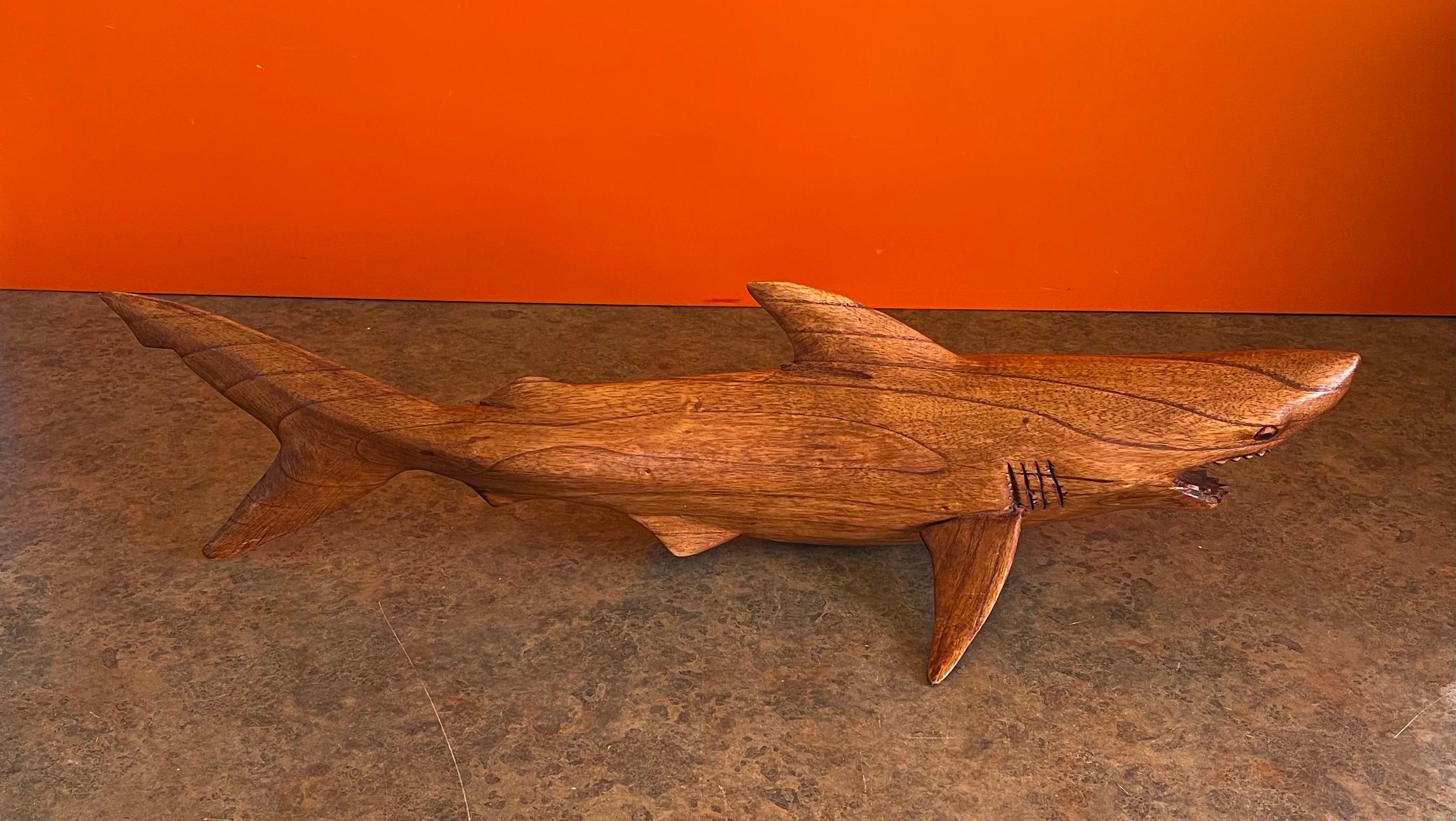 Hand-Carved Hand Carved Teak Shark Sculpture on Stand