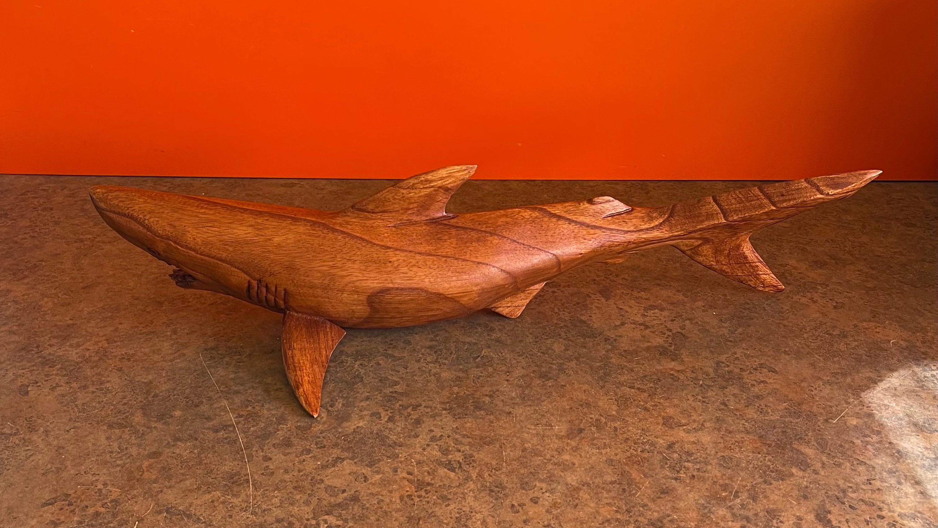 Hand Carved Teak Shark Sculpture on Stand In Good Condition In San Diego, CA