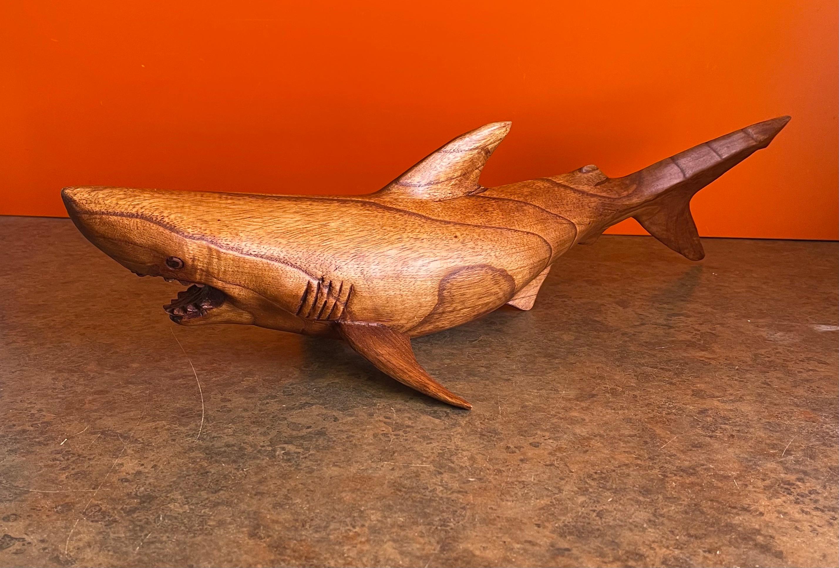 Contemporary Hand Carved Teak Shark Sculpture on Stand
