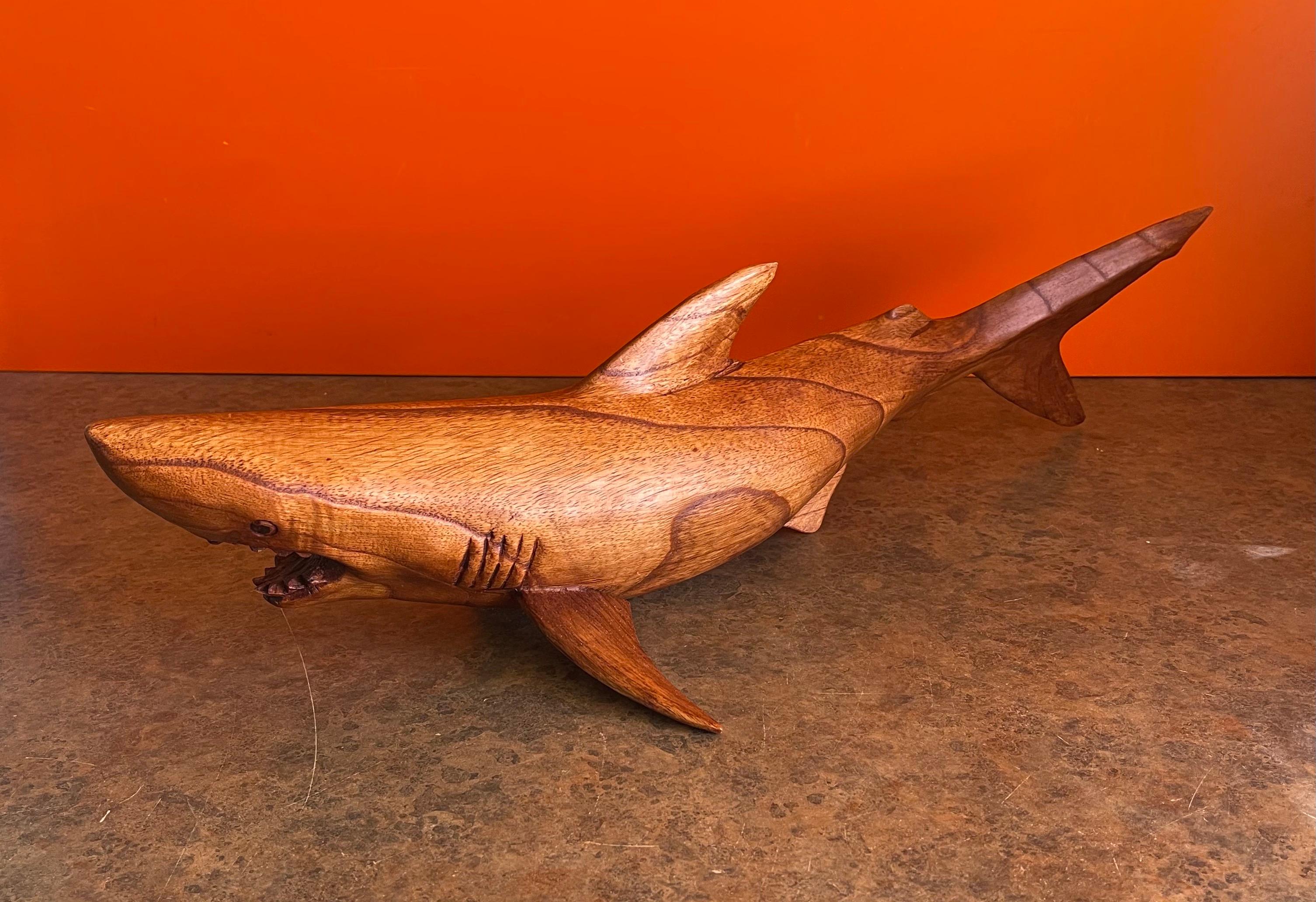 Hand Carved Teak Shark Sculpture on Stand 1