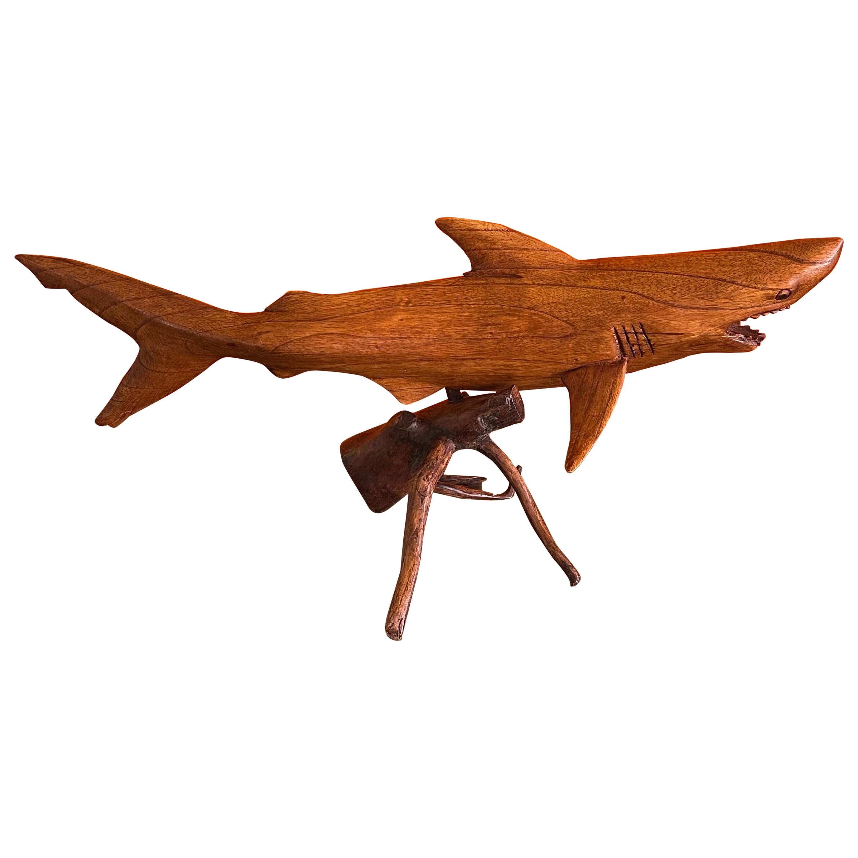 Hand Carved Teak Shark Sculpture on Stand