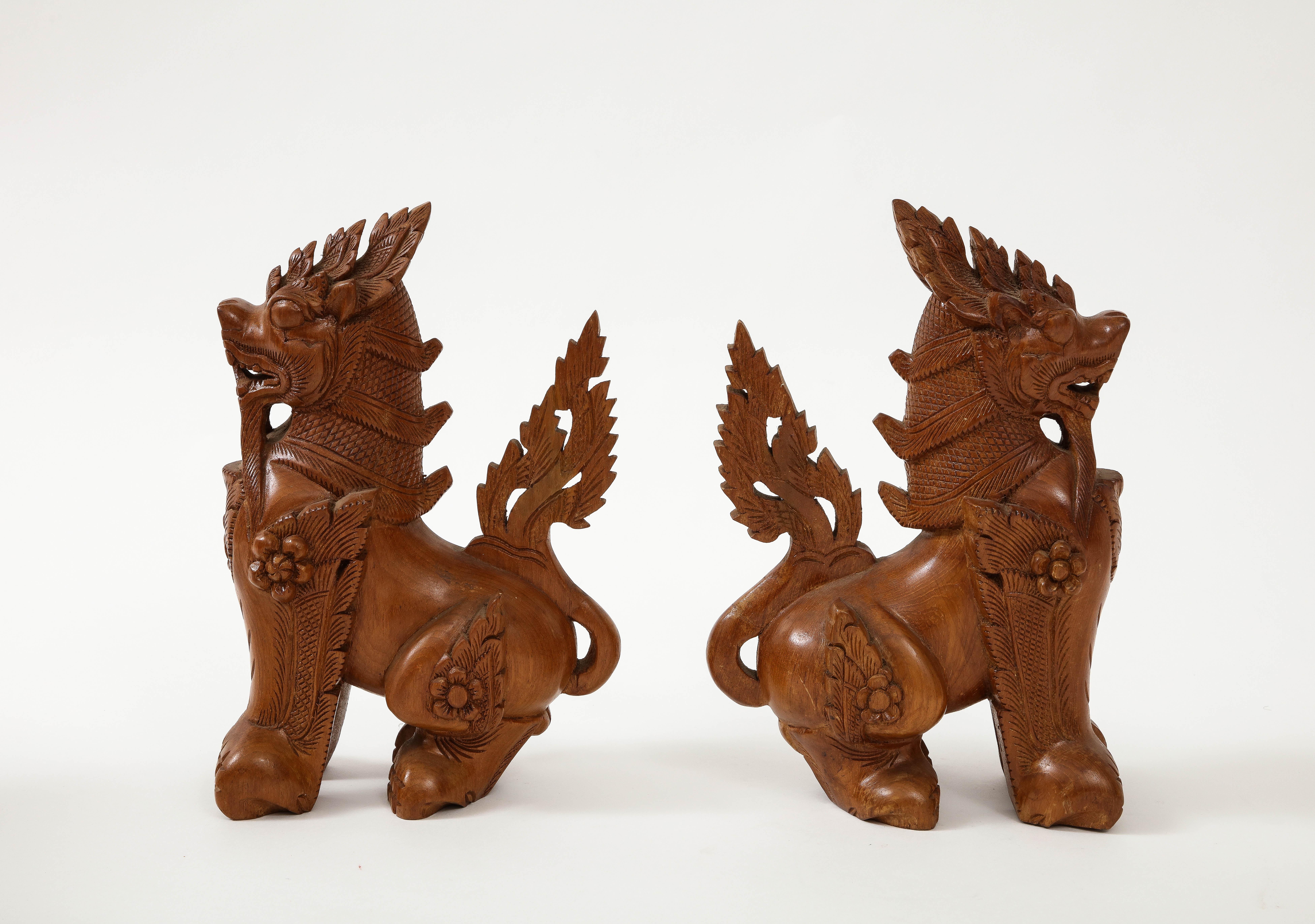 Tribal Hand Carved Teak Temple Guards, Foo Dogs For Sale