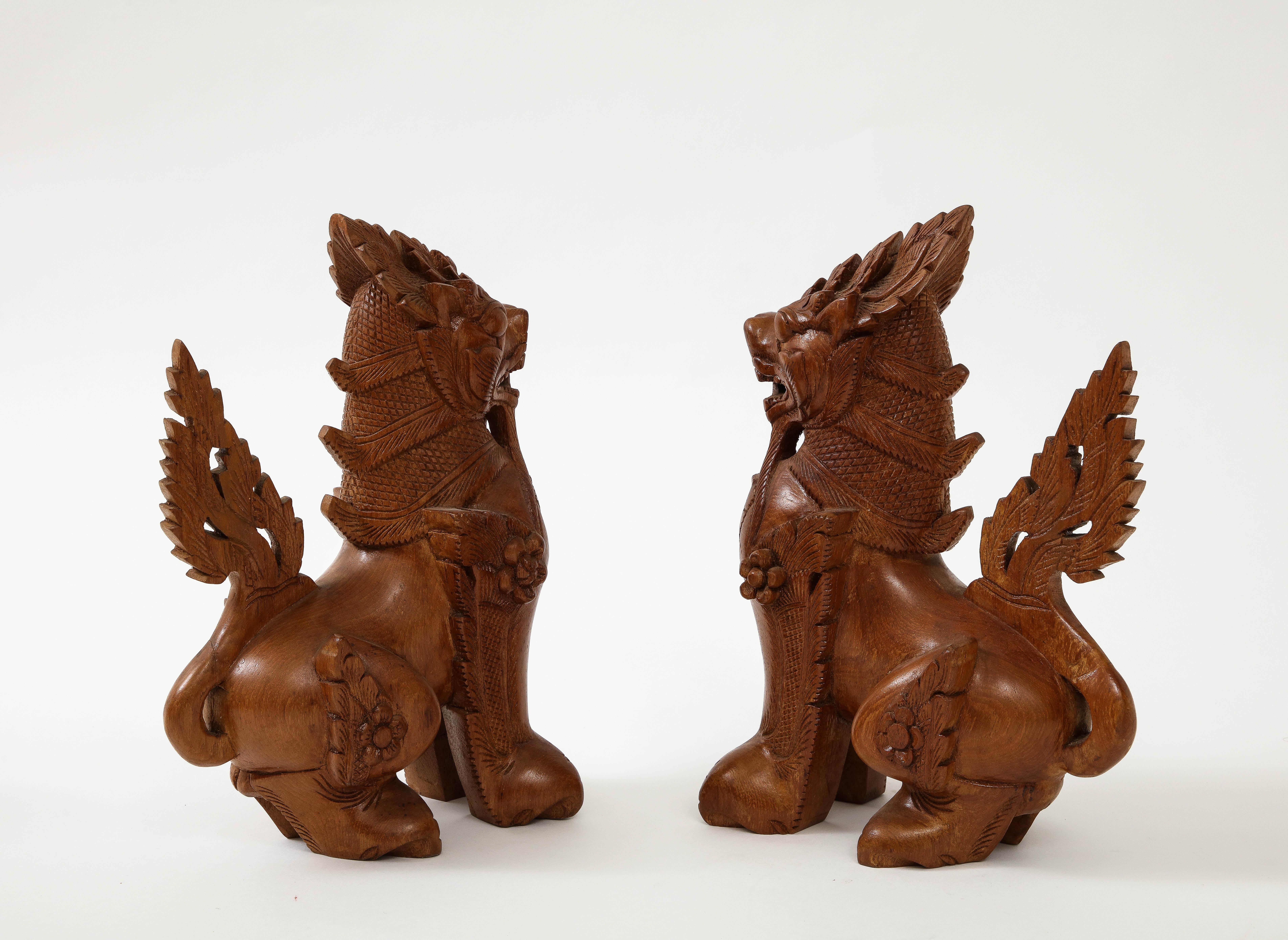 Thai Hand Carved Teak Temple Guards, Foo Dogs For Sale