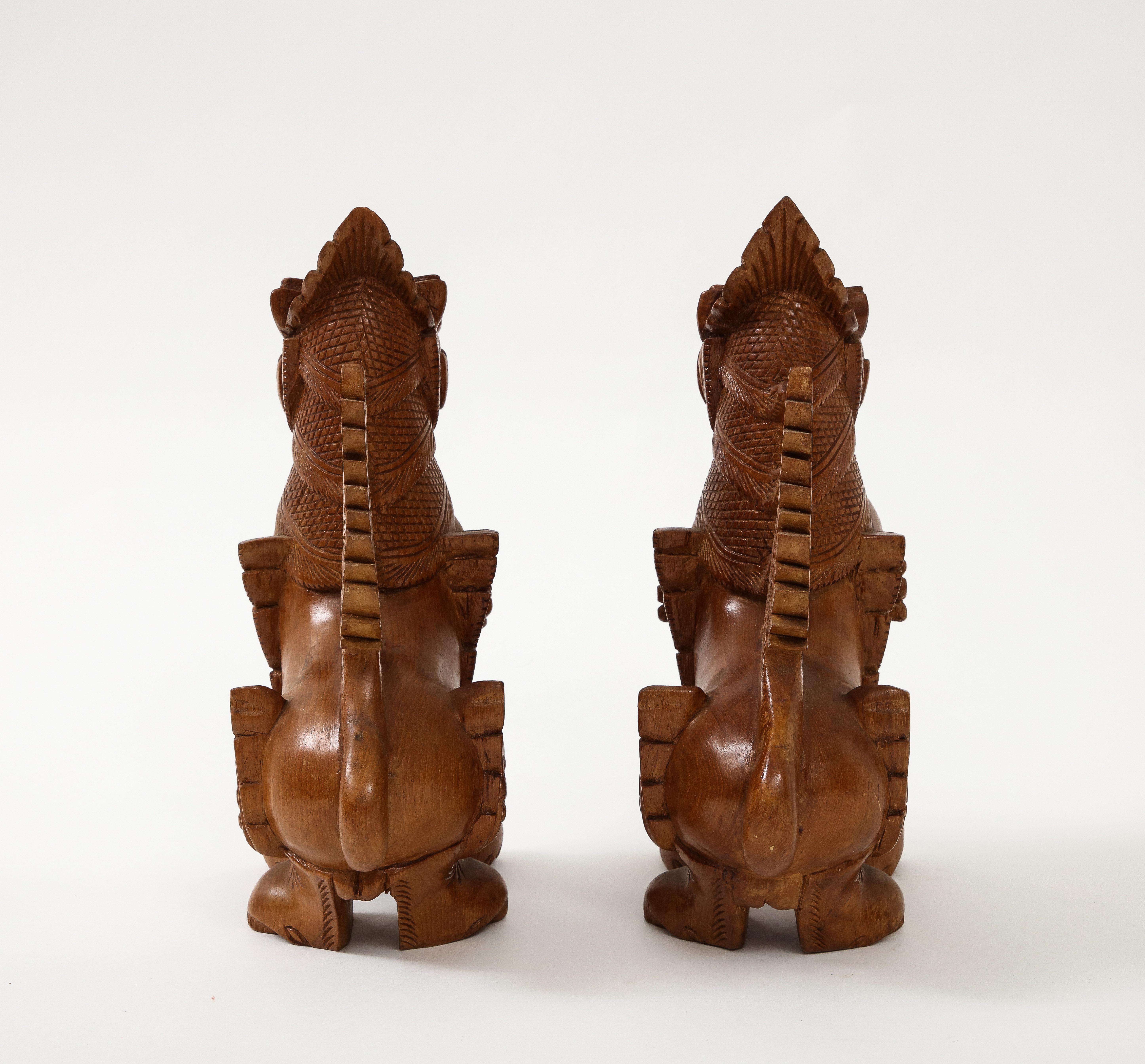 Hand Carved Teak Temple Guards, Foo Dogs In Excellent Condition For Sale In New York, NY