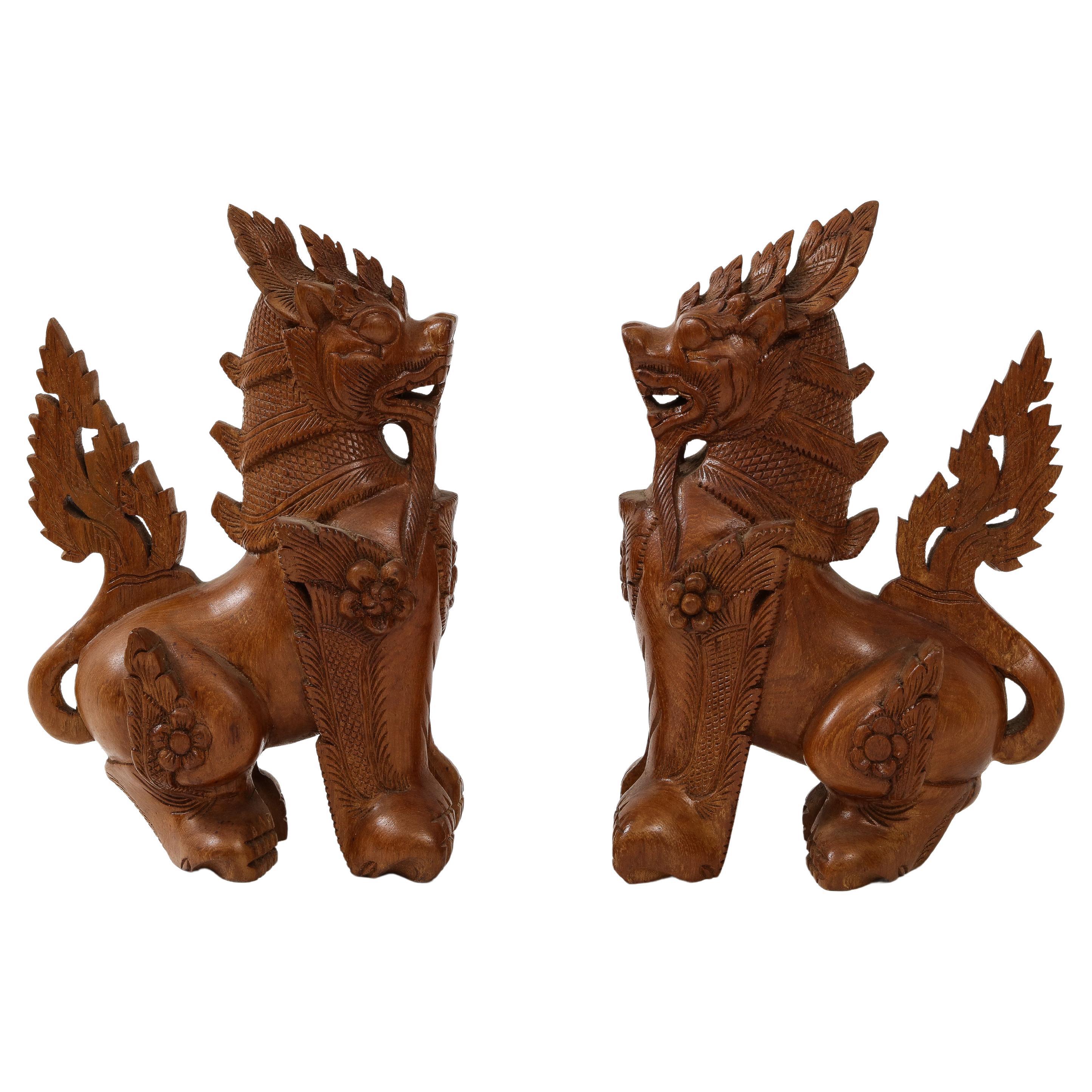 Hand Carved Teak Temple Guards, Foo Dogs For Sale