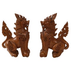 Vintage Hand Carved Teak Temple Guards, Foo Dogs