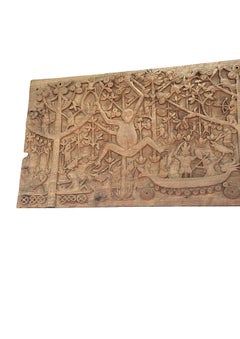 Hand-Carved Teak Wood Sculpture Panel Depicting Dayak Mythology