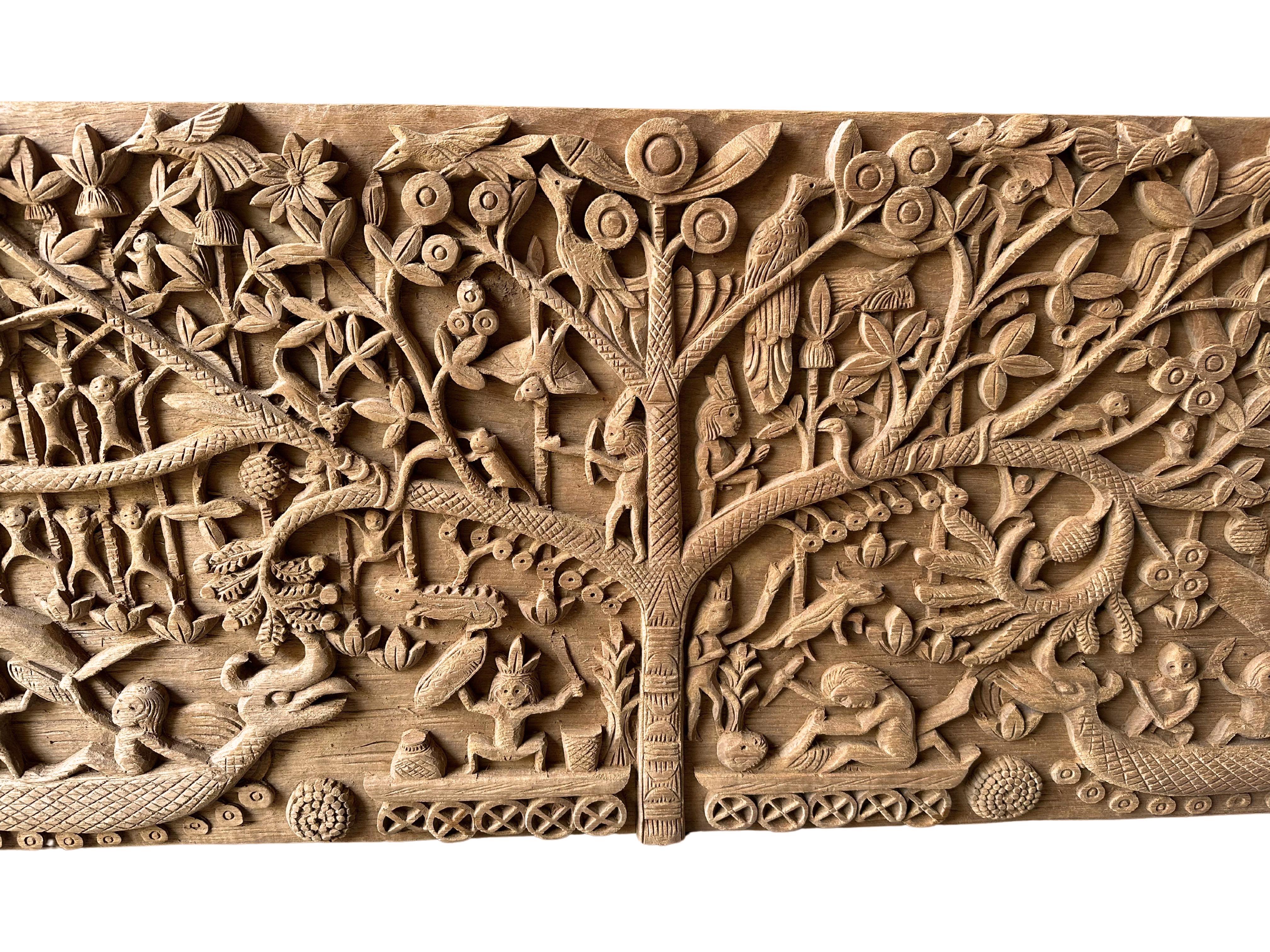 Organic Modern Hand-Carved Teak Wood Sculpture Panel Depicting Dayak Mythology For Sale