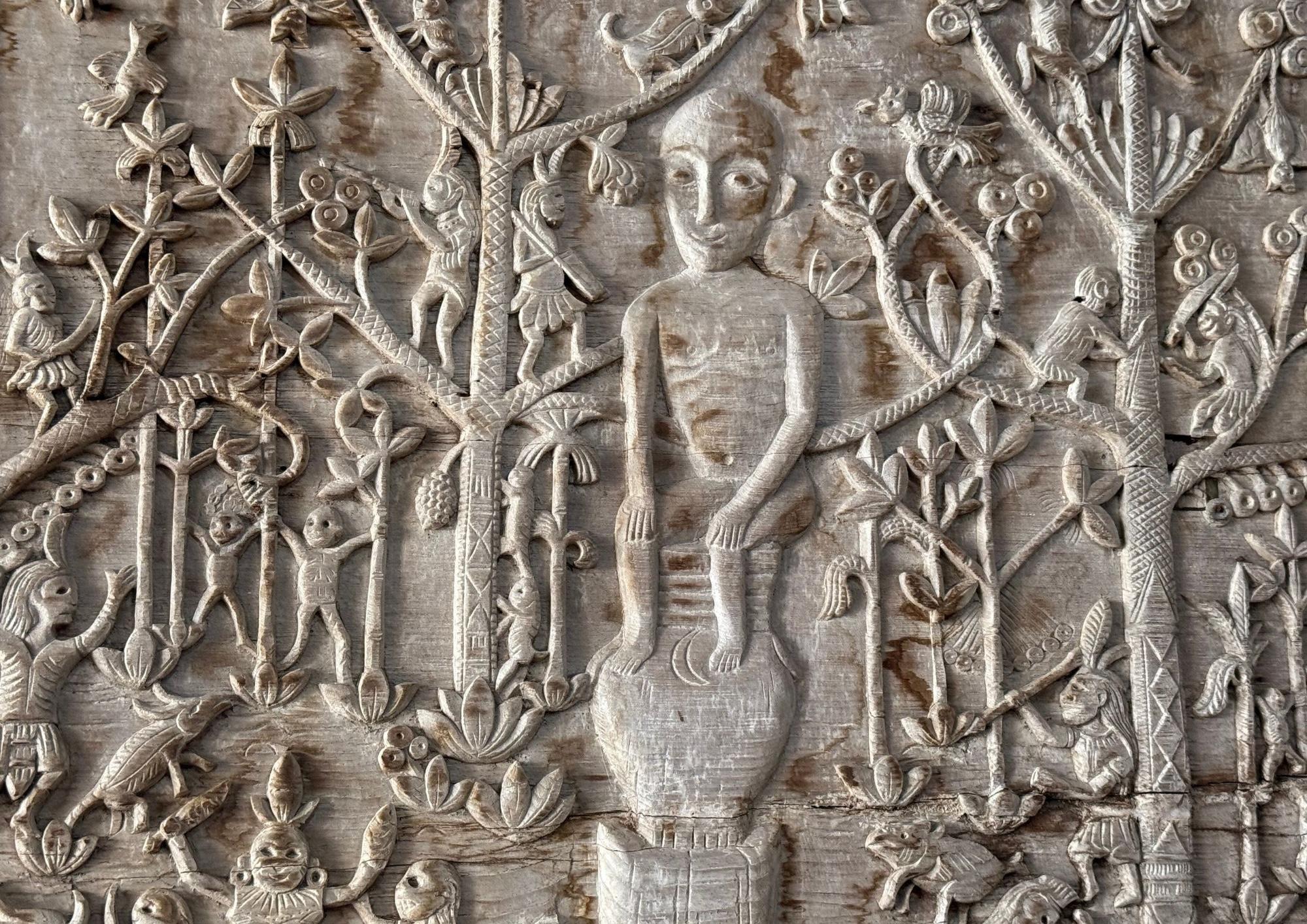 Organic Modern Hand-Carved Teak Wood Sculpture Panel Depicting Dayak Mythology For Sale