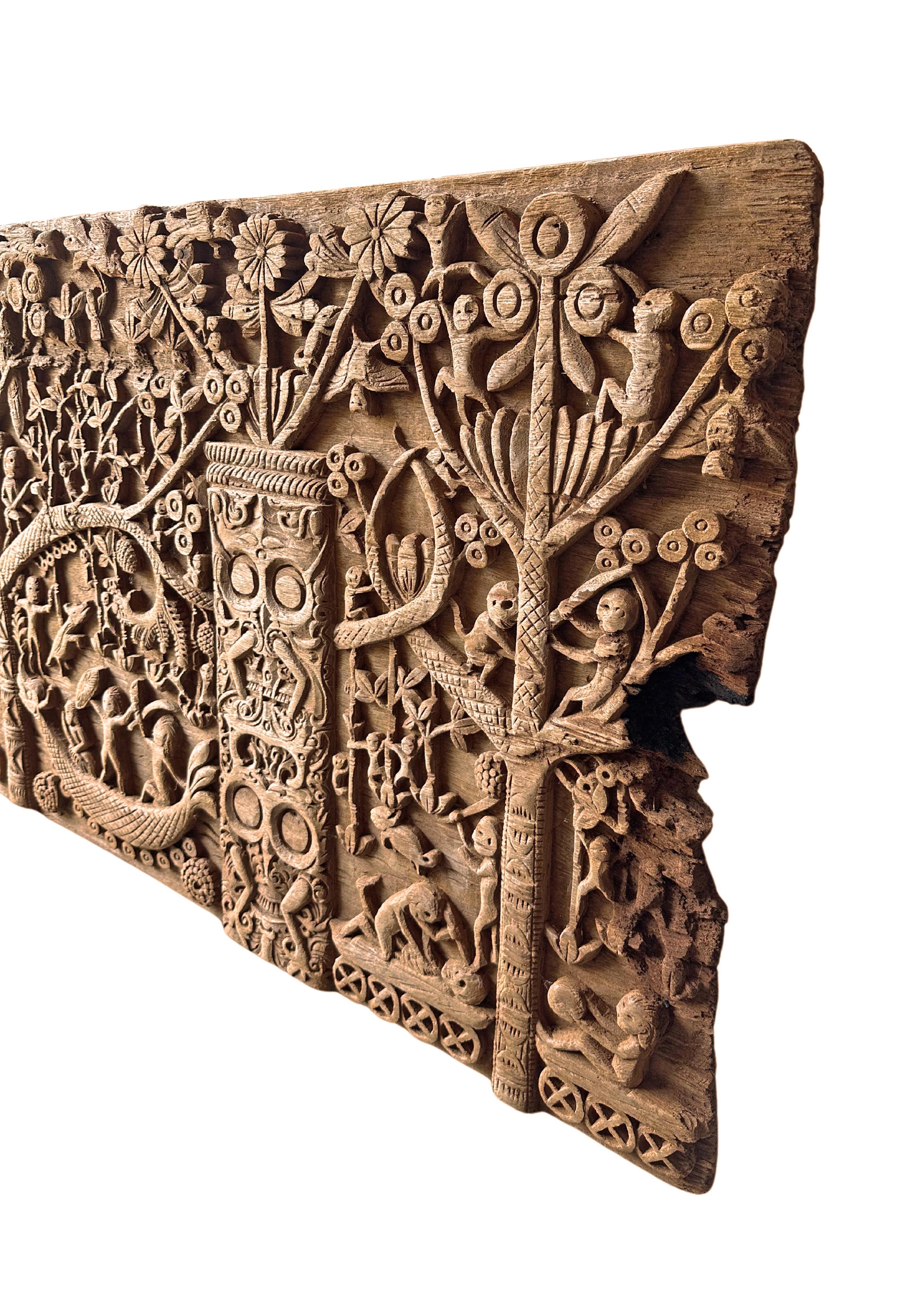 Indonesian Hand-Carved Teak Wood Sculpture Panel Depicting Dayak Mythology