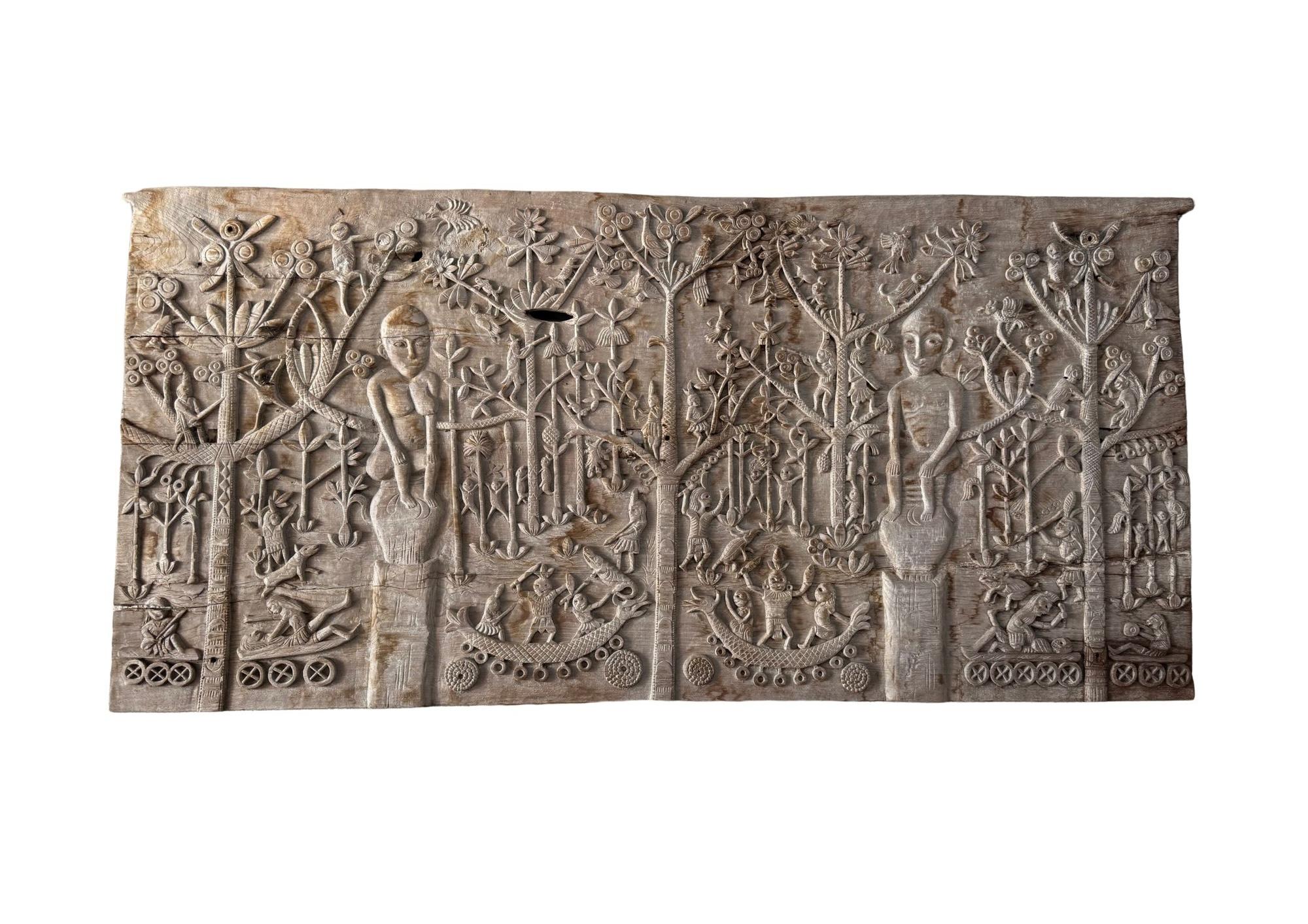 Hand-Crafted Hand-Carved Teak Wood Sculpture Panel Depicting Dayak Mythology For Sale