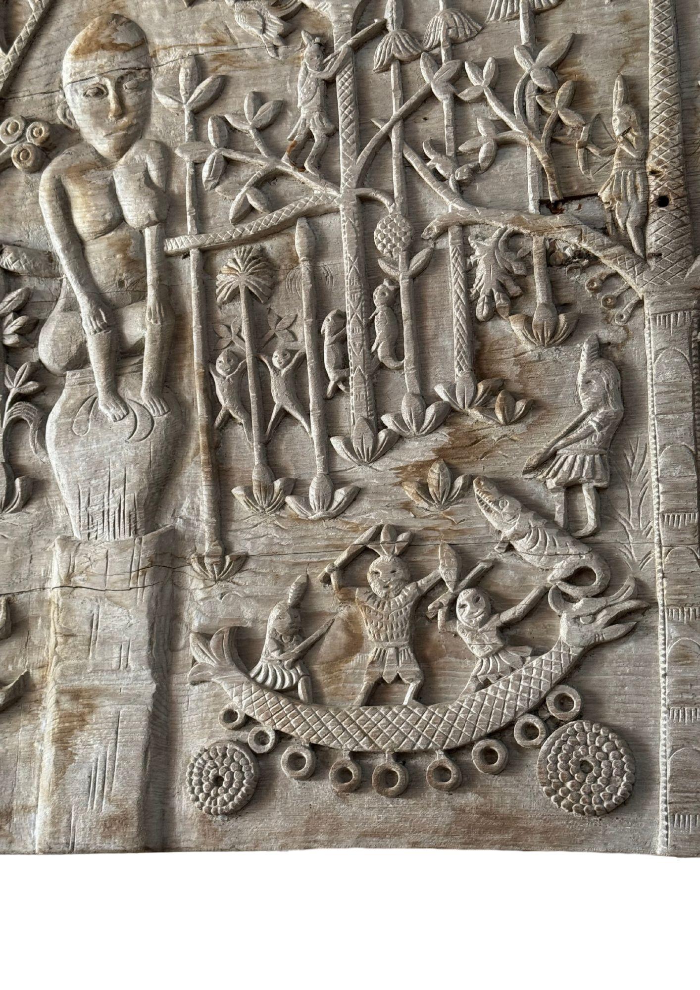 Contemporary Hand-Carved Teak Wood Sculpture Panel Depicting Dayak Mythology For Sale