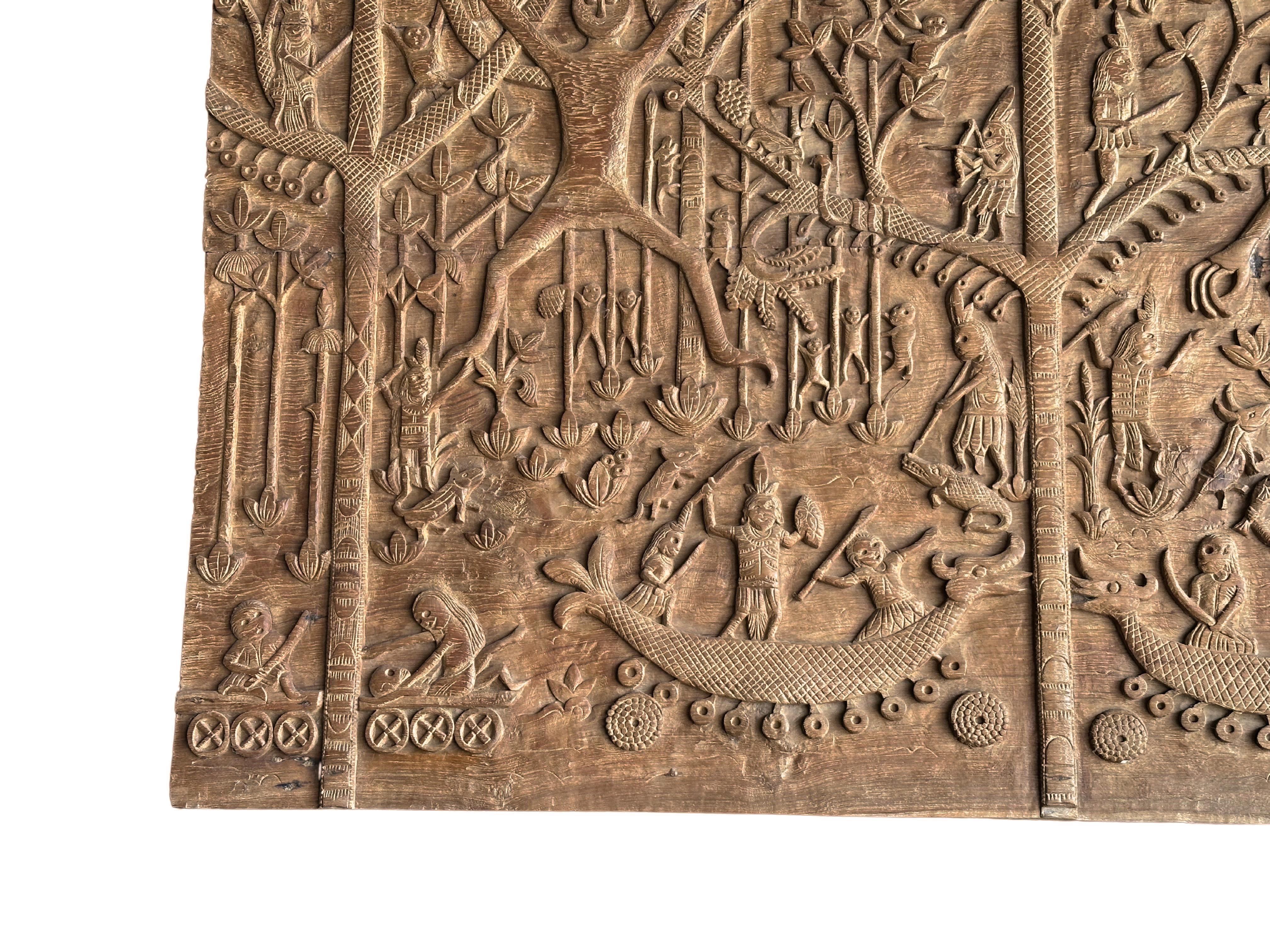 Hand-Carved Teak Wood Sculpture Panel Depicting Dayak Mythology For Sale 1