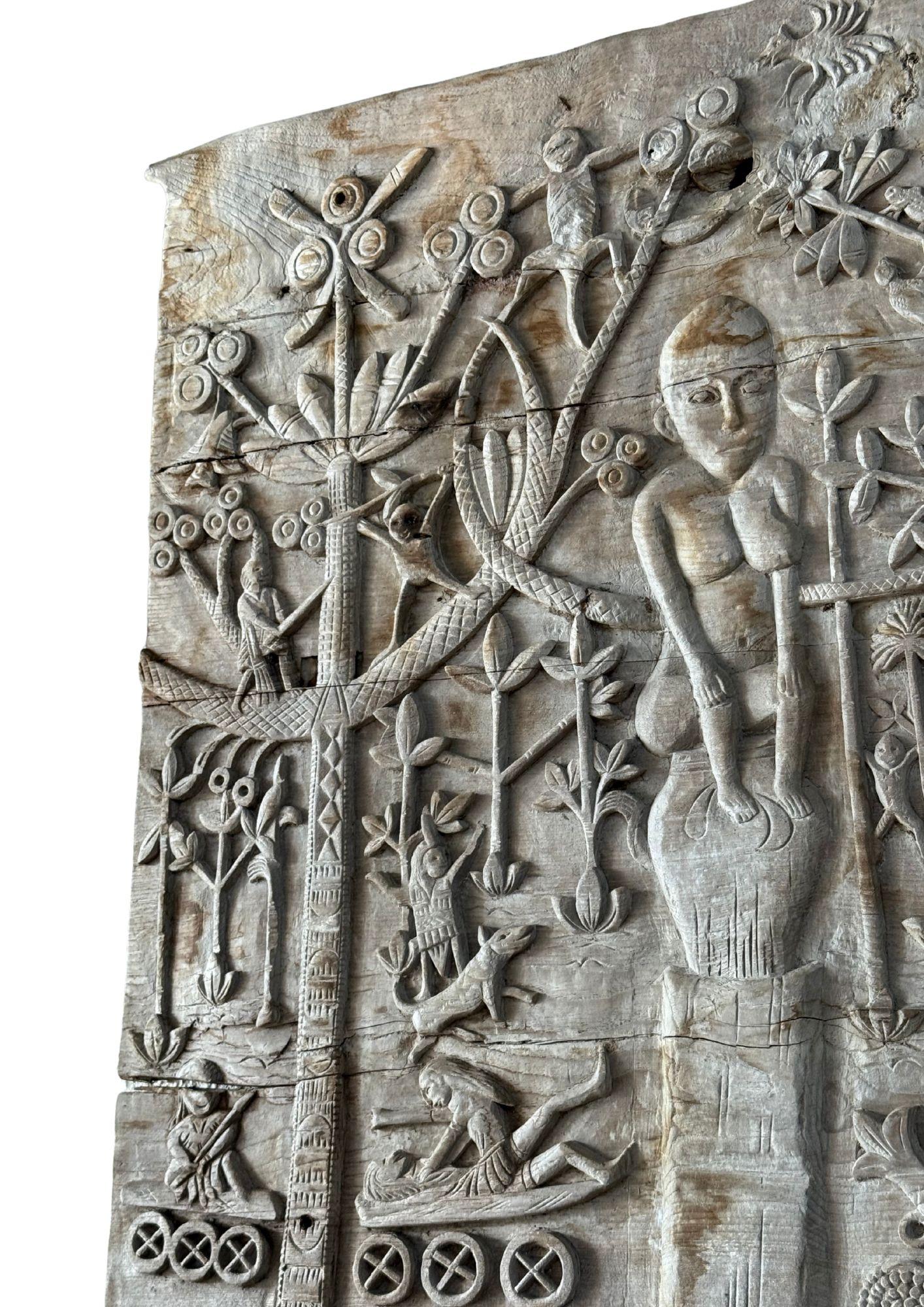 Hand-Carved Teak Wood Sculpture Panel Depicting Dayak Mythology For Sale 1