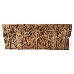 Hand-Carved Teak Wood Sculpture Panel Depicting Dayak Mythology