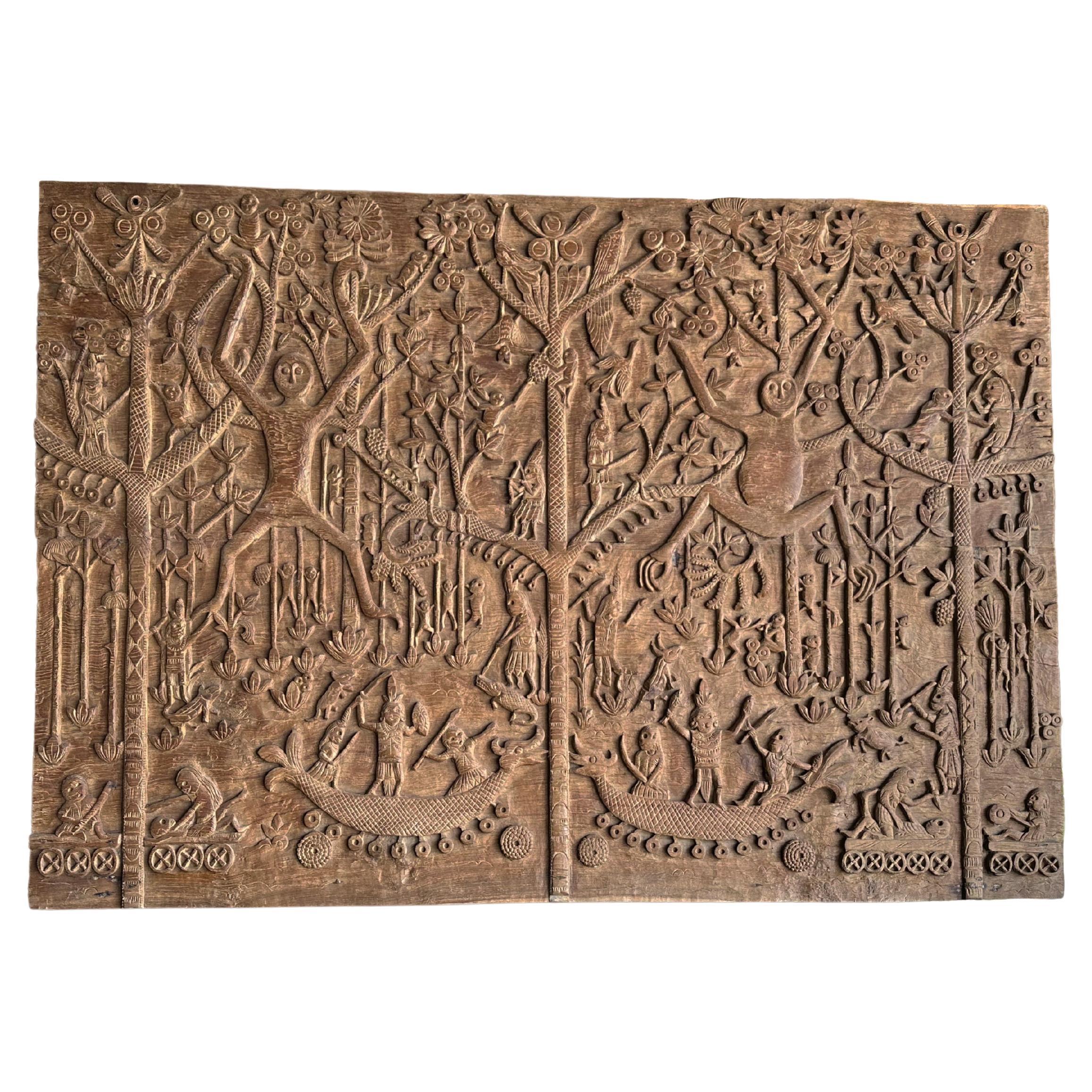 Hand-Carved Teak Wood Sculpture Panel Depicting Dayak Mythology For Sale