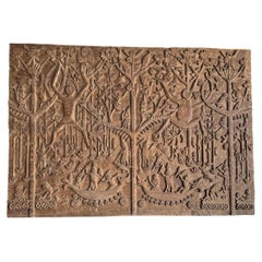 Hand-Carved Teak Wood Sculpture Panel Depicting Dayak Mythology
