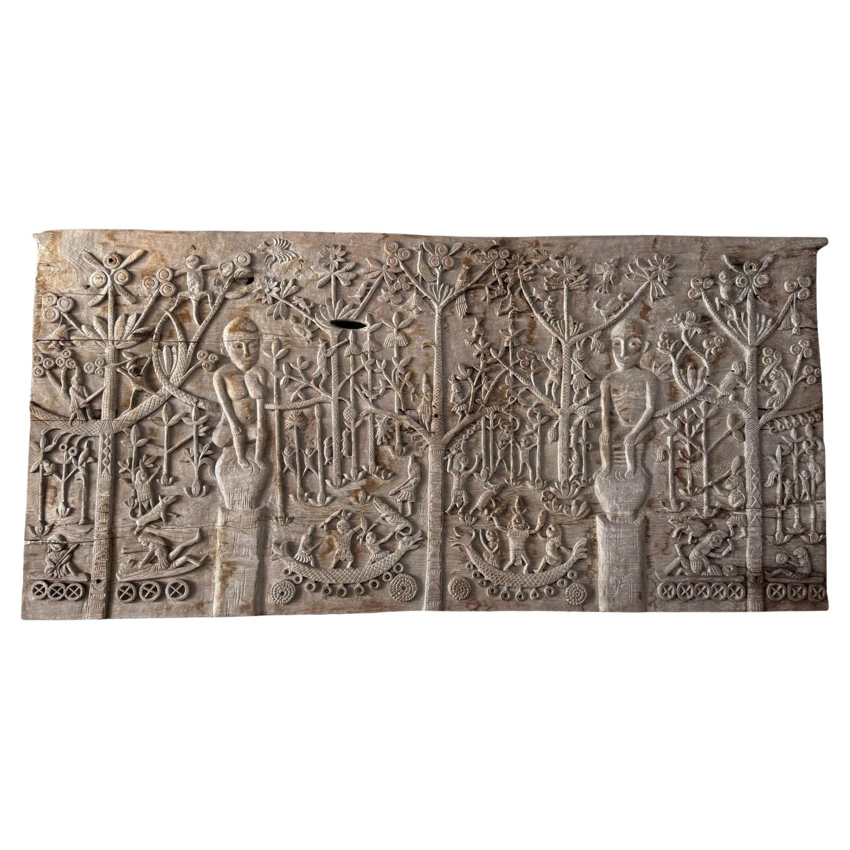 Hand-Carved Teak Wood Sculpture Panel Depicting Dayak Mythology For Sale
