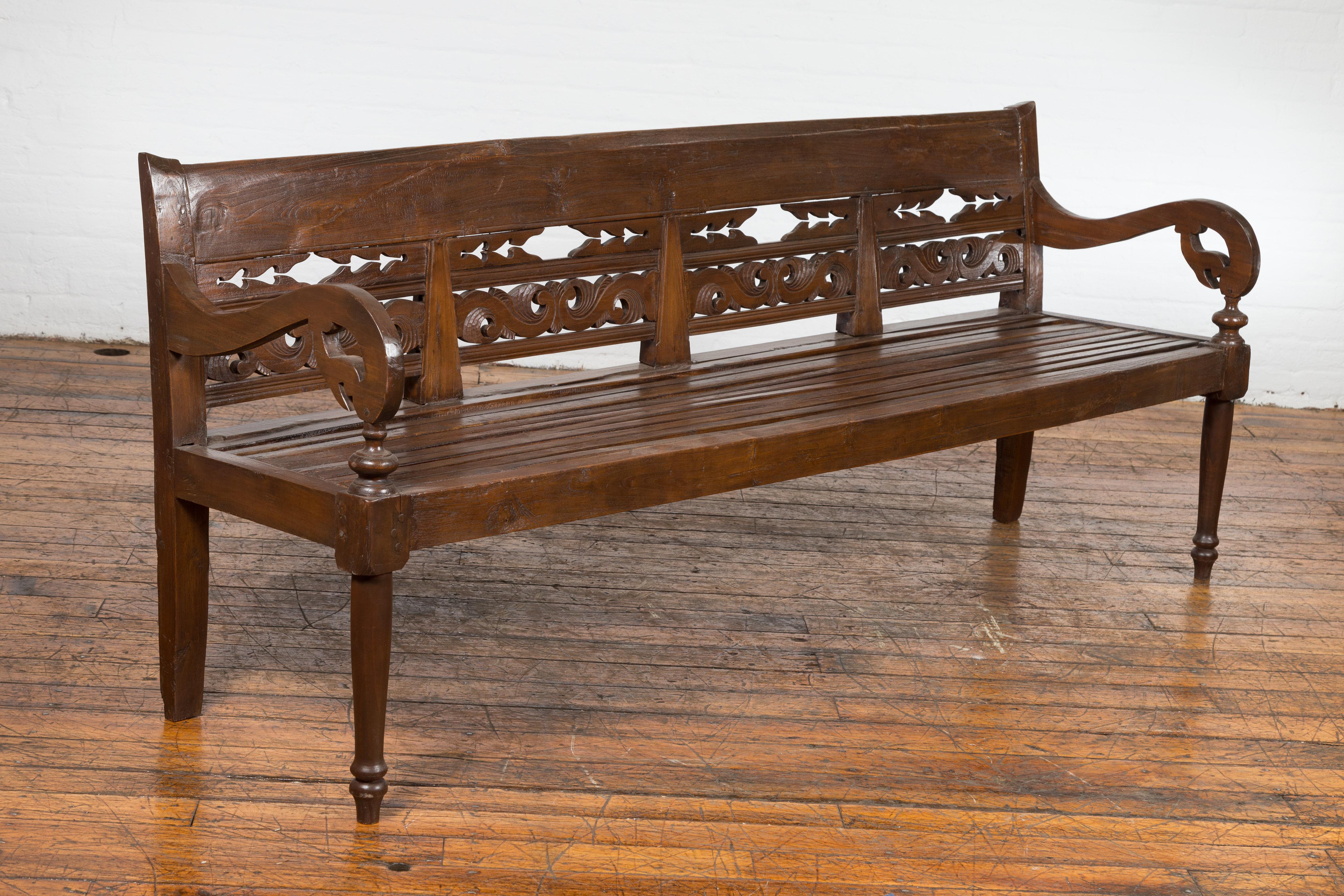 Hand Carved Teak Wood Settee with Scrolling Foliage and Turned Legs 2