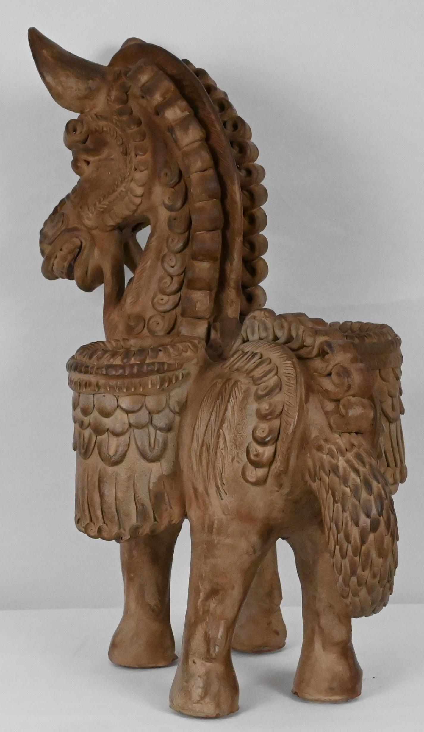Hand-Crafted Hand Carved Terracotta Horse Sculpture by Ugo Zaccagnini For Sale