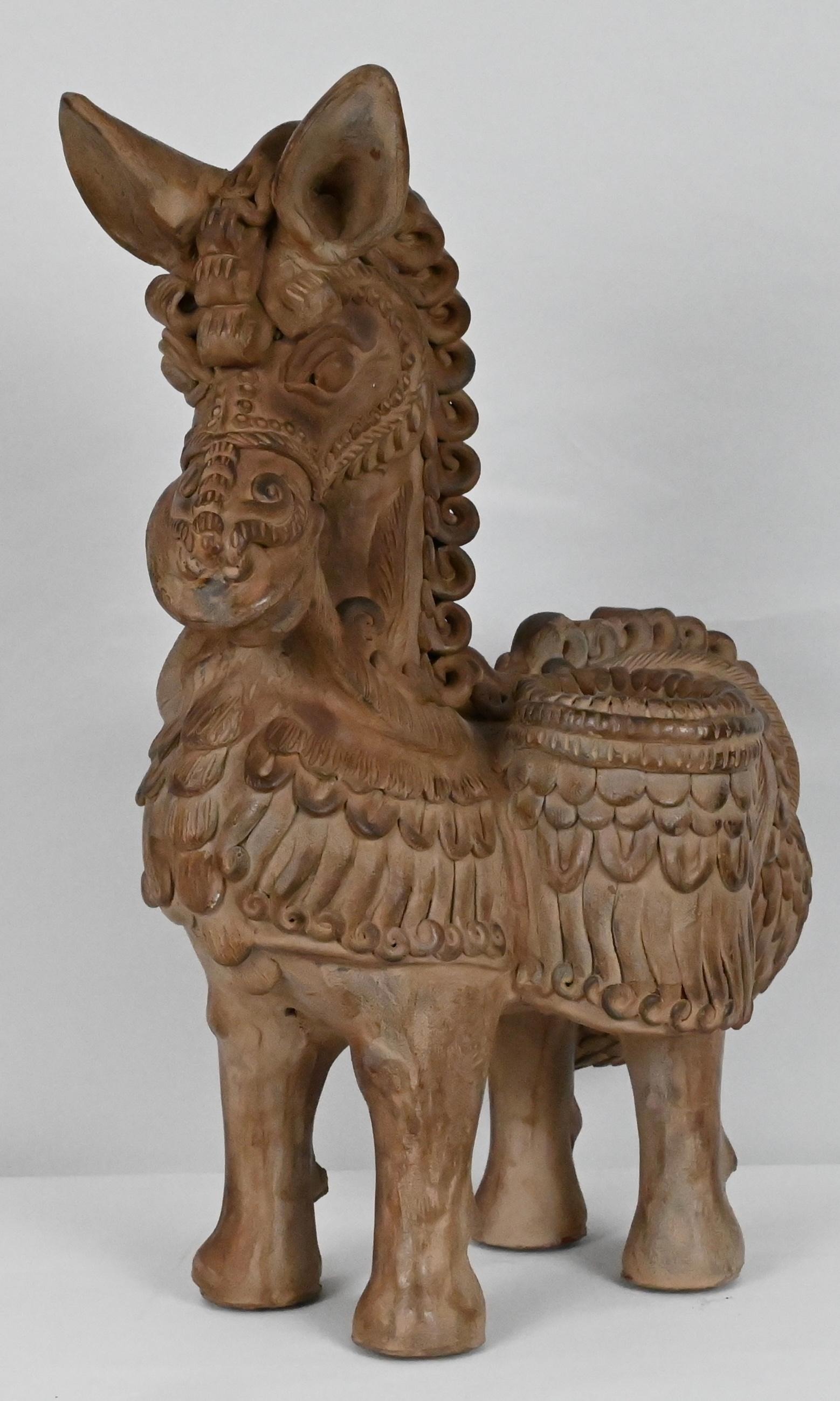 Clay Hand Carved Terracotta Horse Sculpture by Ugo Zaccagnini For Sale