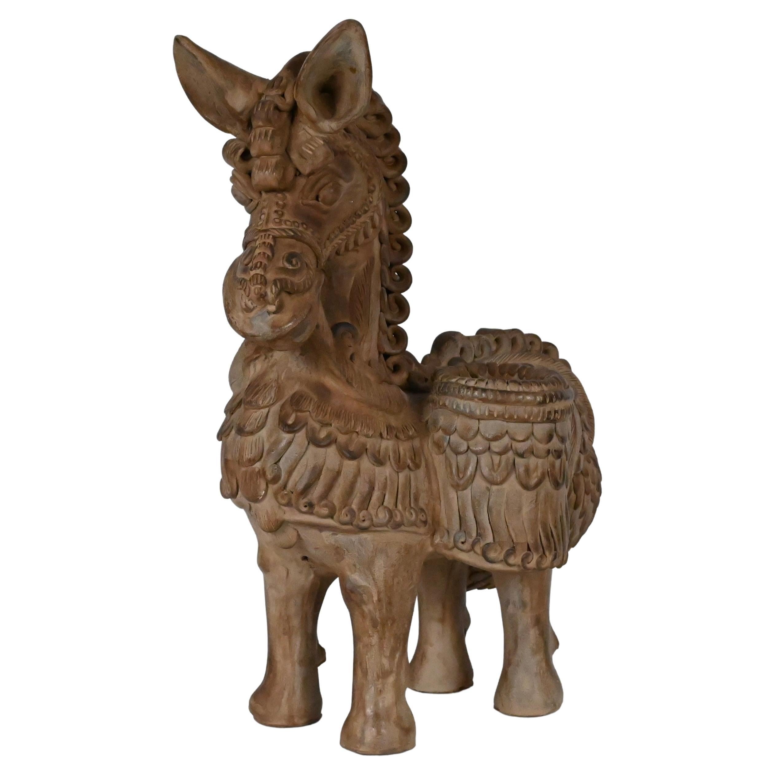 Hand Carved Terracotta Horse Sculpture by Ugo Zaccagnini For Sale