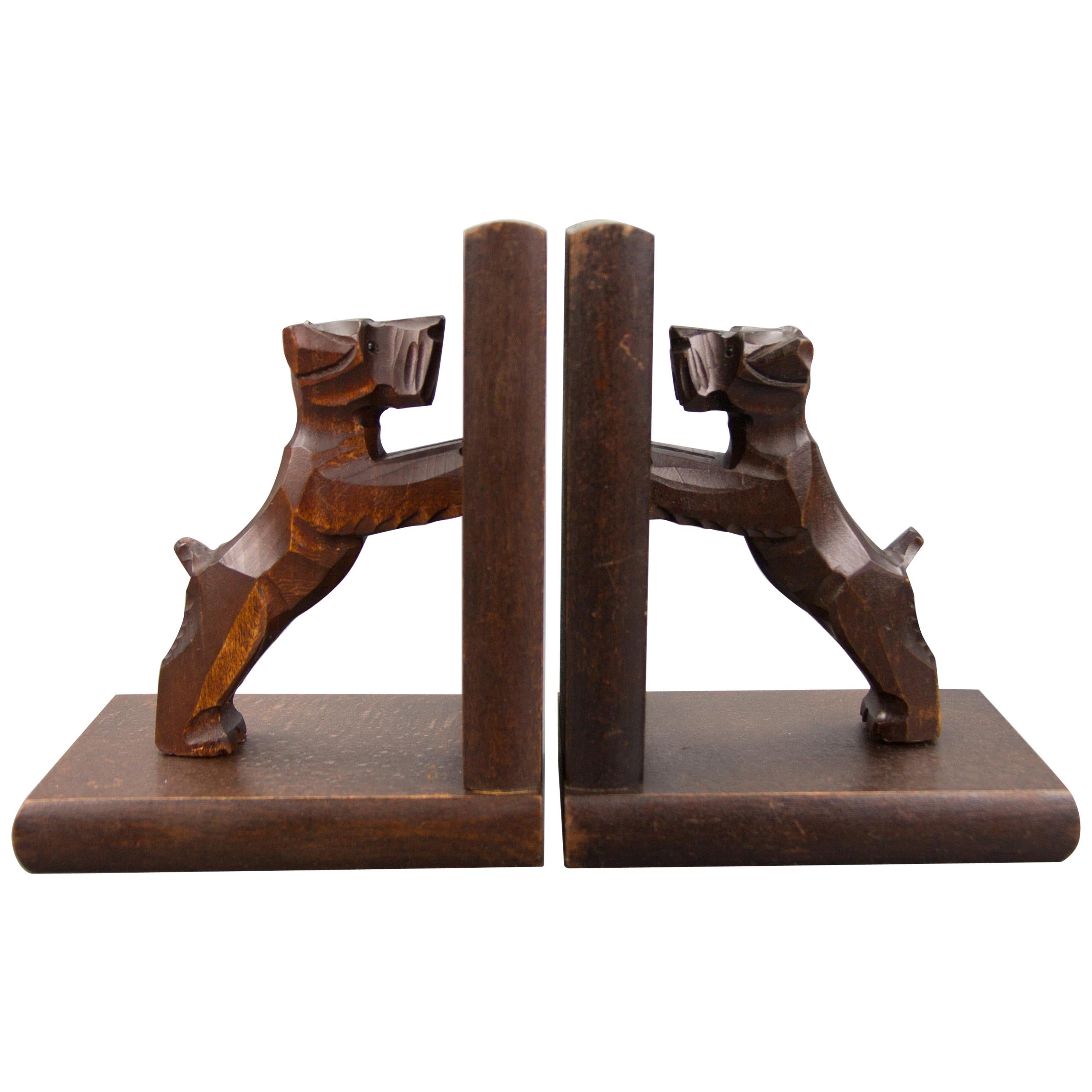 Hand Carved Terrier Wooden Bookends by Dörsch Oberweid, Germany