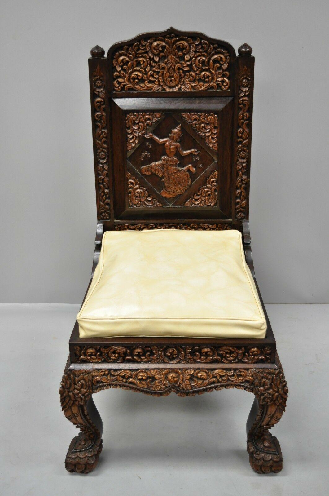 Hand-Carved Thai Oriental Teak Wood Dining Chairs with Dancing Female, a Pair In Good Condition For Sale In Philadelphia, PA