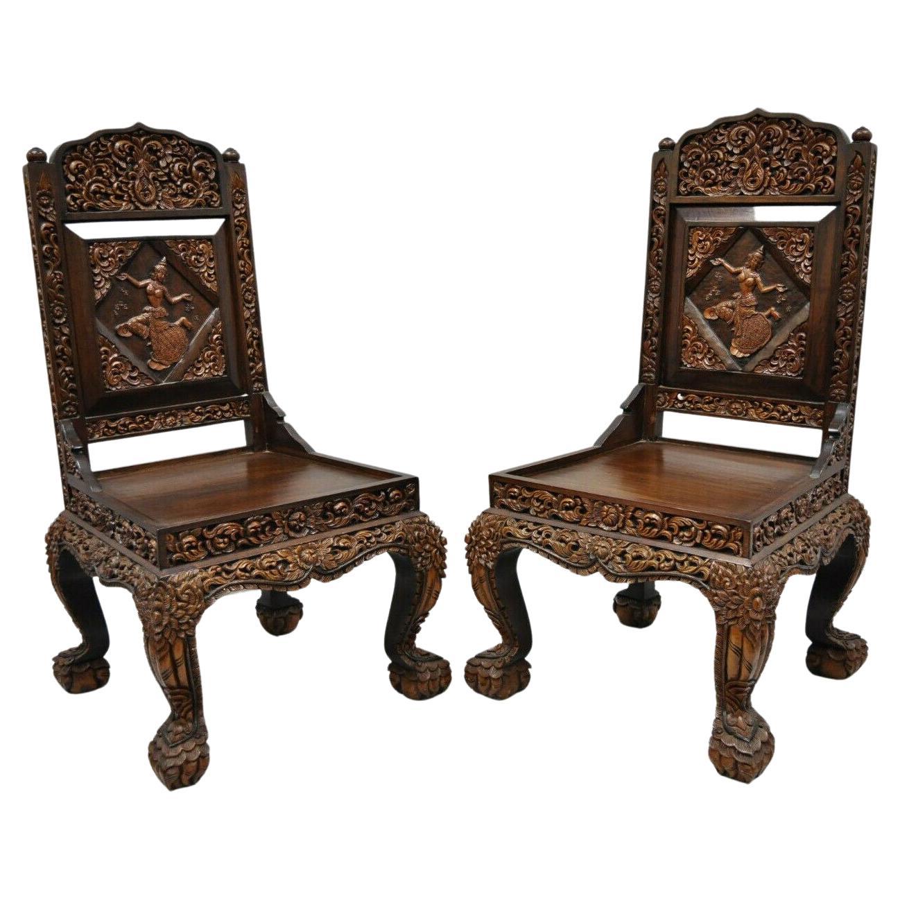 Hand-Carved Thai Oriental Teak Wood Dining Chairs with Dancing Female, a Pair