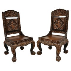 Hand-Carved Thai Oriental Teak Wood Dining Chairs with Dancing Female, a Pair
