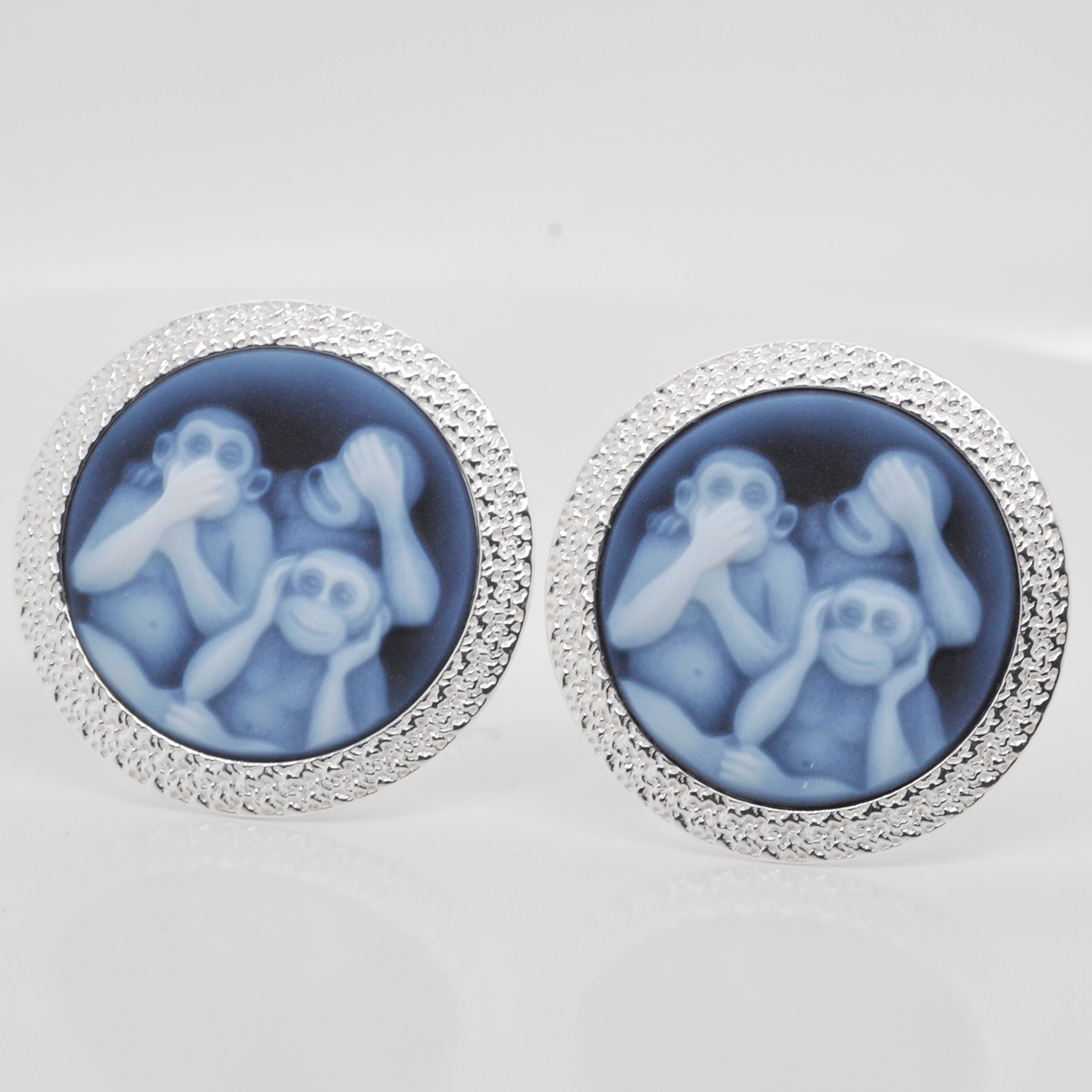 Here's our three wise monkey cameo cufflinks made in sterling silver. The cameos are made in Germany by an expert cameo engraver on the relief of 100% natural agate rock from Brazil (a variety of chalcedony) such that the elements on the carvings