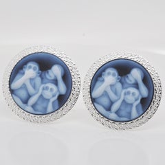 Hand-Carved Three Wise Monkey Agate Cameo Sterling Silver Cufflinks