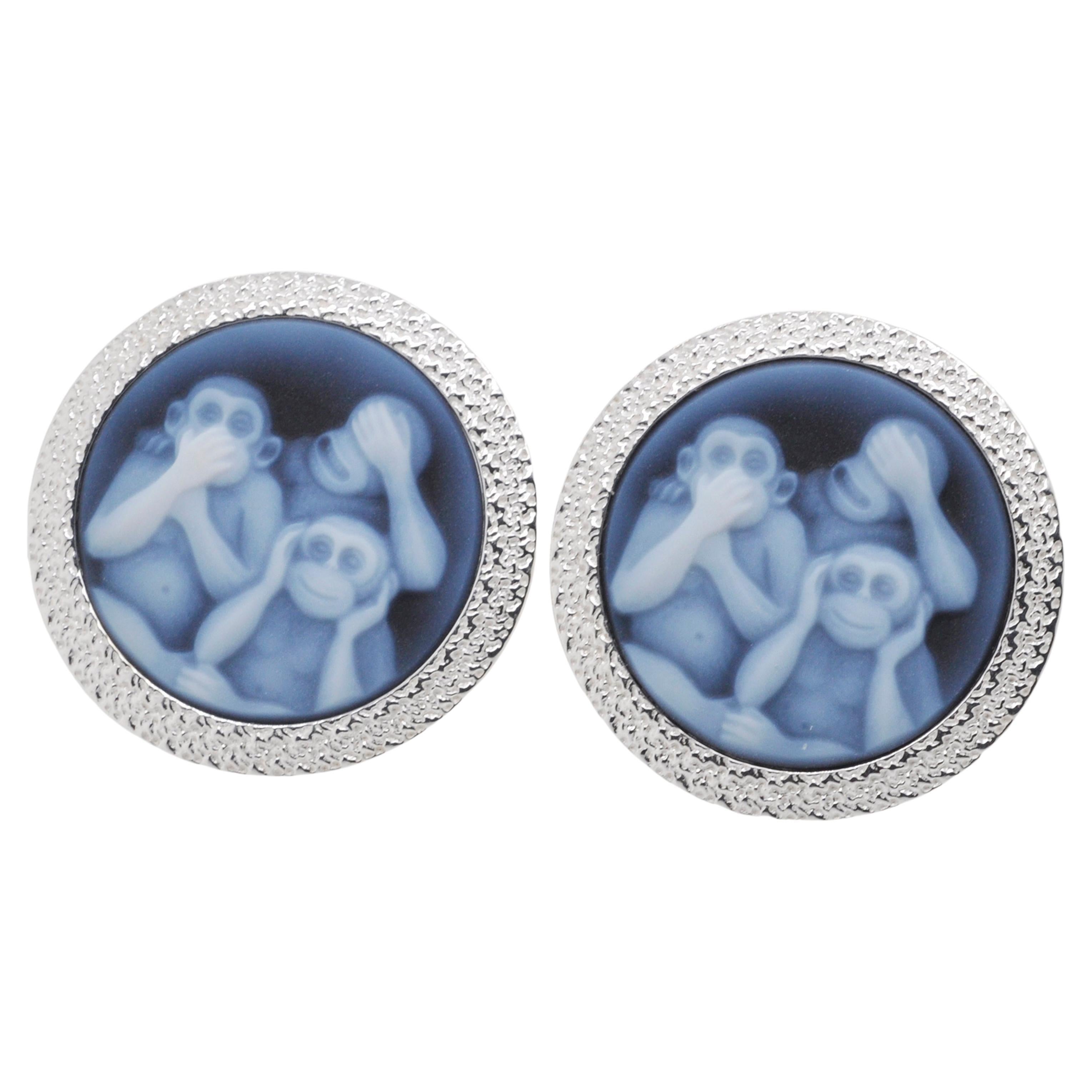 Hand-Carved Three Wise Monkey Agate Cameo Sterling Silver Cufflinks For Sale