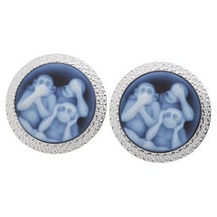 Hand-Carved Three Wise Monkey Agate Cameo Sterling Silver Cufflinks