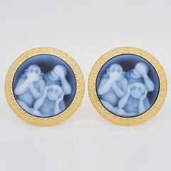 Hand-Carved Three Wise Monkey Agate Cameo Sterling Silver Gold Polish Cufflinks