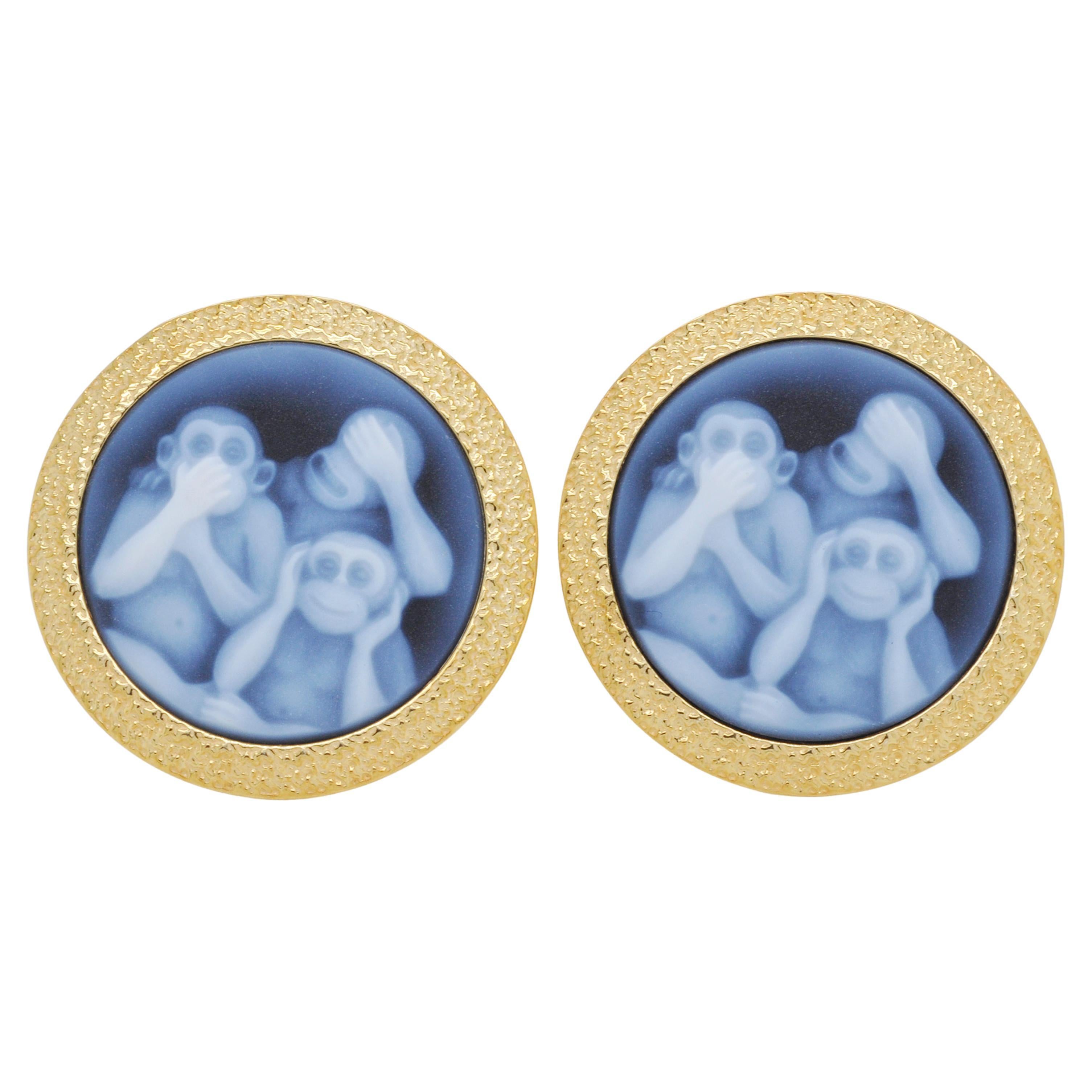 Hand-Carved Three Wise Monkey Agate Cameo Sterling Silver Gold Polish Cufflinks For Sale