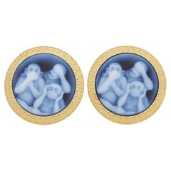 Hand-Carved Three Wise Monkey Agate Cameo Sterling Silver Gold Polish Cufflinks