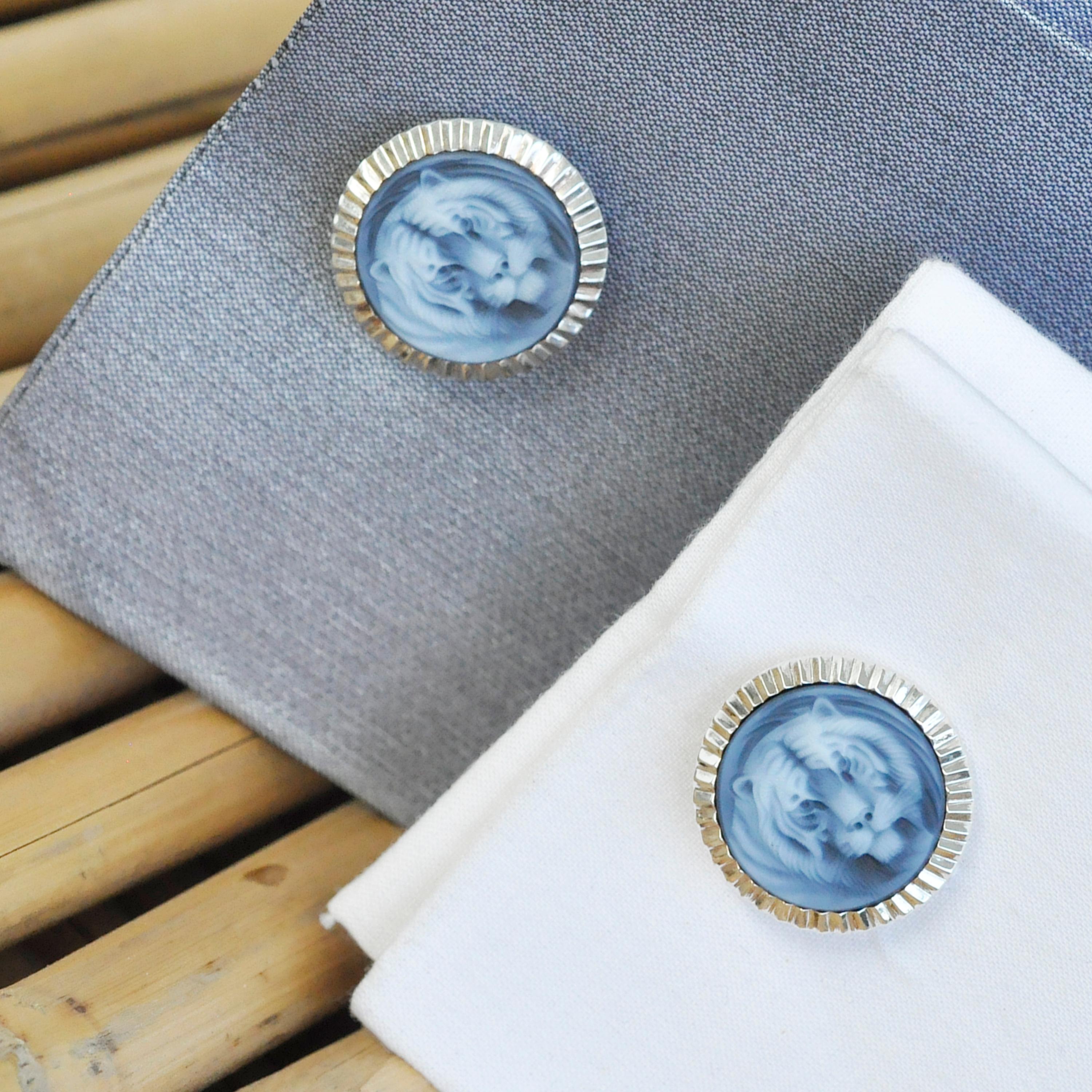 Here's our exclusive pair of tiger cufflinks made in sterling silver. The tiger cameos are made in Germany by an expert cameo engraver on the relief of 100% natural agate rock from Brazil (a variety of chalcedony) such that the carved tiger pops out