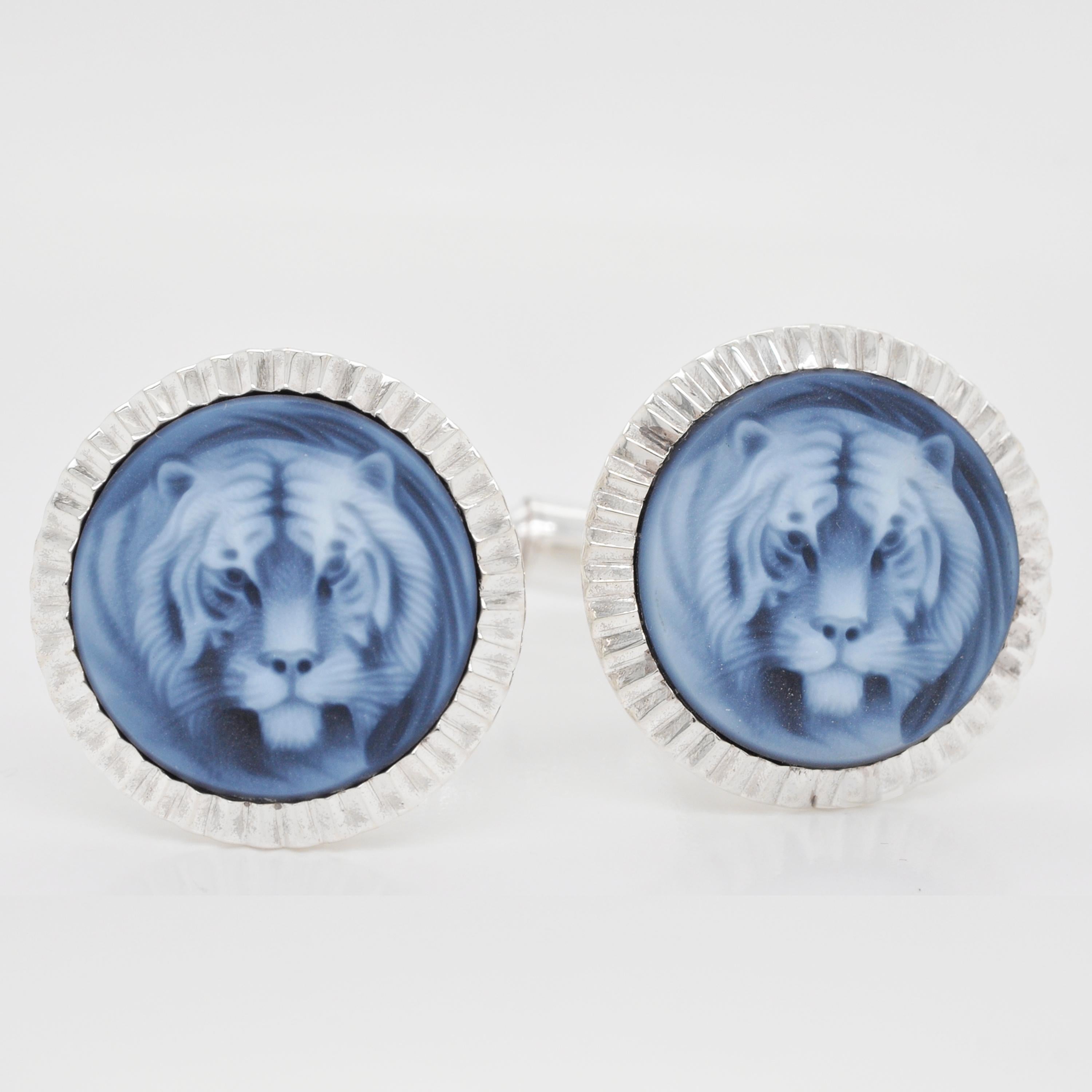 Hand-Carved Tiger Agate Cameo Rolex Style Case Sterling Silver Cufflinks For Sale 1