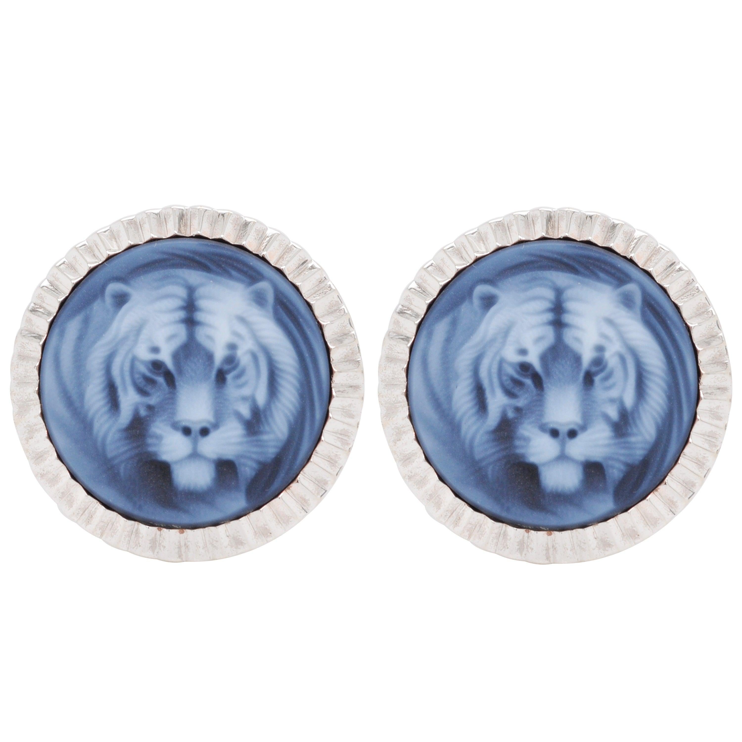 Hand-Carved Tiger Agate Cameo Rolex Style Case Sterling Silver Cufflinks For Sale