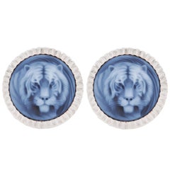 Boutons de manchette camée en argent sterling avec boîtier en agate de tigre sculpté à la main, style Rolex