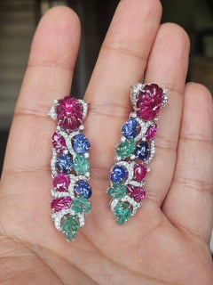 Hand carved Tourmaline, Emerald, Ruby, Blue Sapphires & Diamonds Dangle Earrings